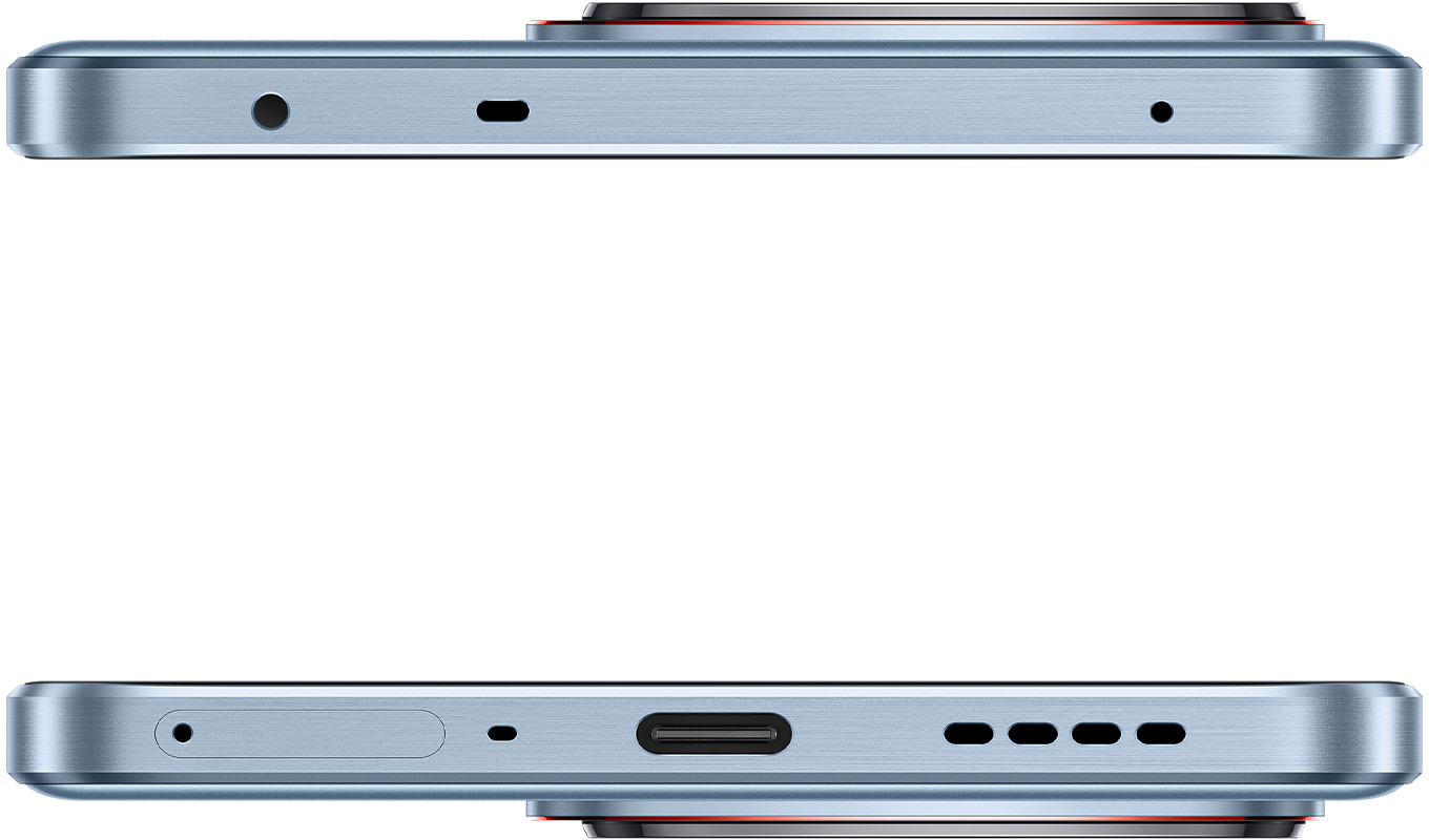 Widok z góry i z dołu jasnoniebieskiego smartfona. Zawiera porty i głośniki.