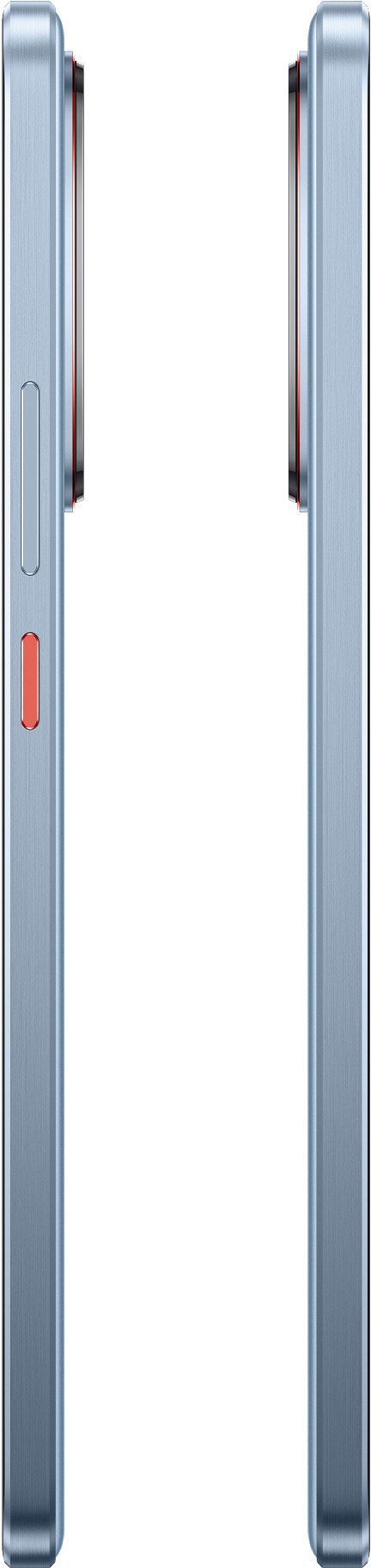 Widok z profilu smartfona. Bok z przyciskami głośności i zasilania. Czerwony akcent.