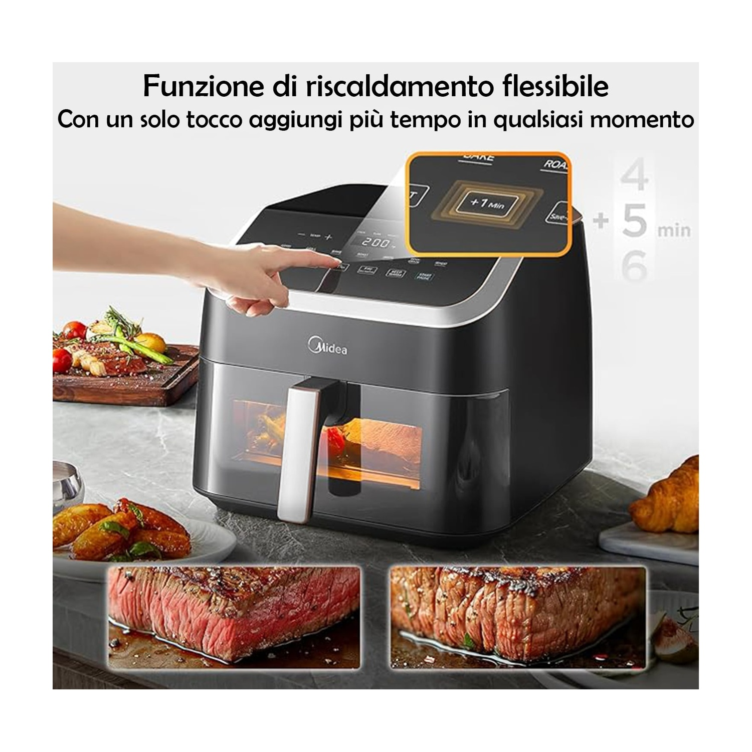 Friggitrice ad aria con due bistecche e una mano che tocca il pannello di controllo.