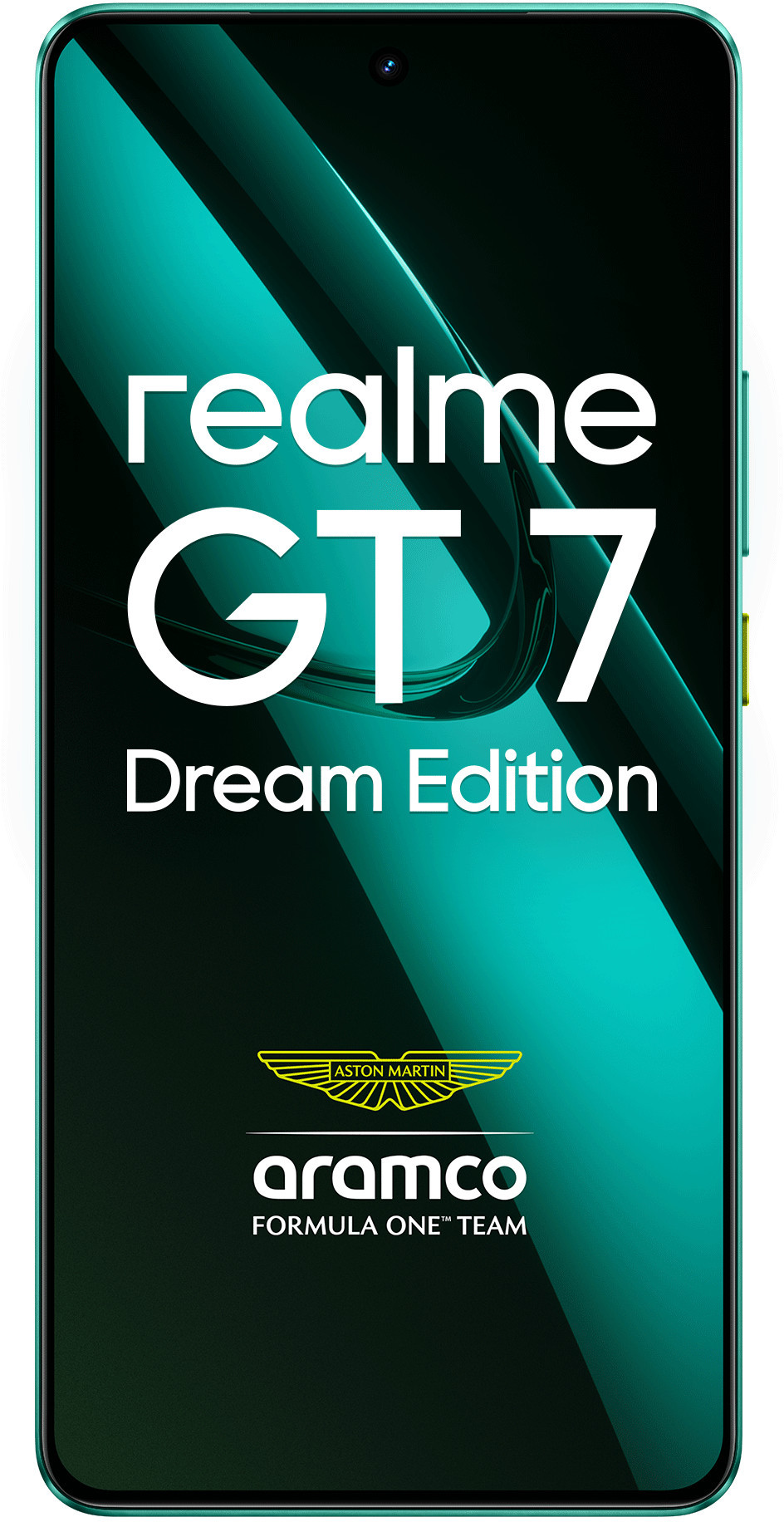 Zielony telefon Realme GT 7 Dream Edition z logo Aston Martin i Aramco na tle gradientu teal.