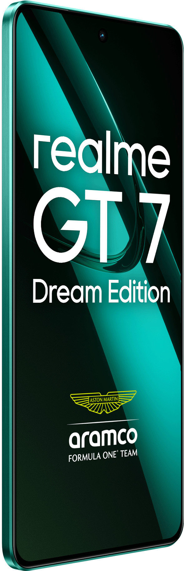 Turkusowy smartfon z napisem "realme GT 7 Dream Edition" i logo Aston Martin Aramco.