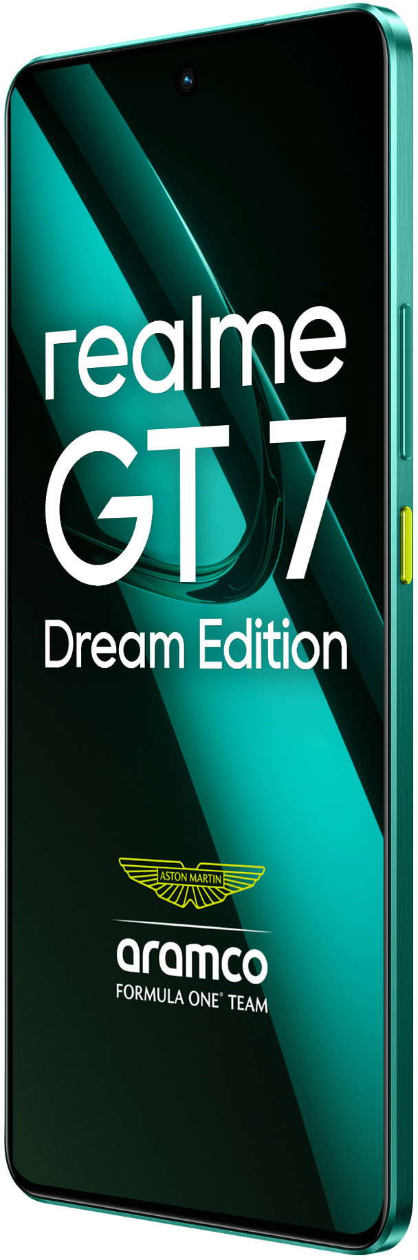 Zielony telefon Realme GT 7 Dream Edition, logo Aston Martin, tło gradientowe. Widok pod kątem.
