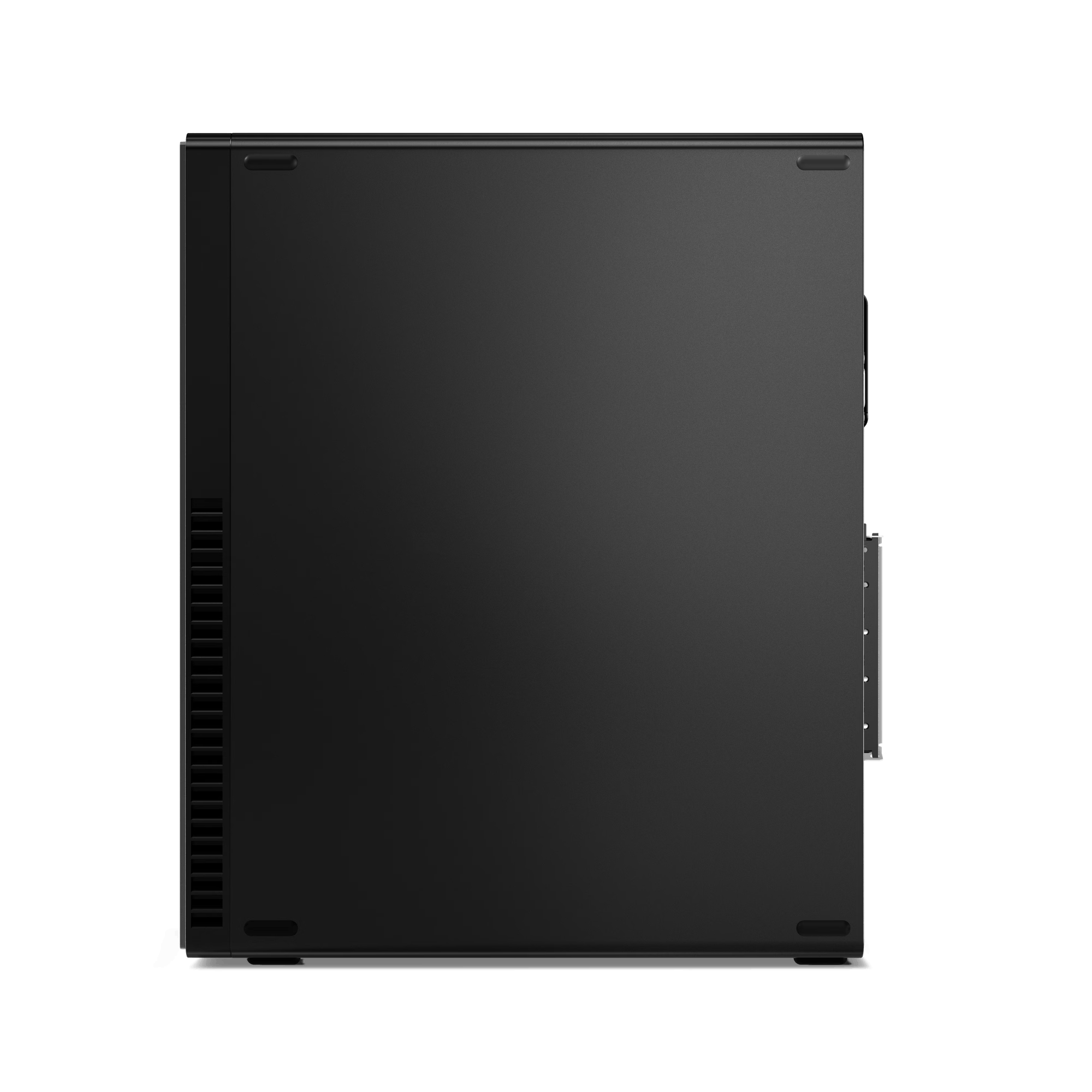 Vista superior de un PC Lenovo ThinkCentre negro sobre una superficie negra.