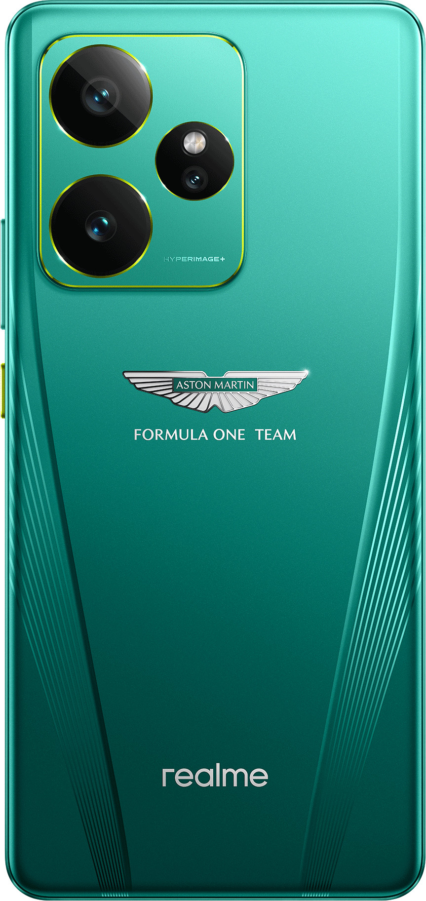 Zielony tył smartfona. Logo Aston Martin Formula One Team.