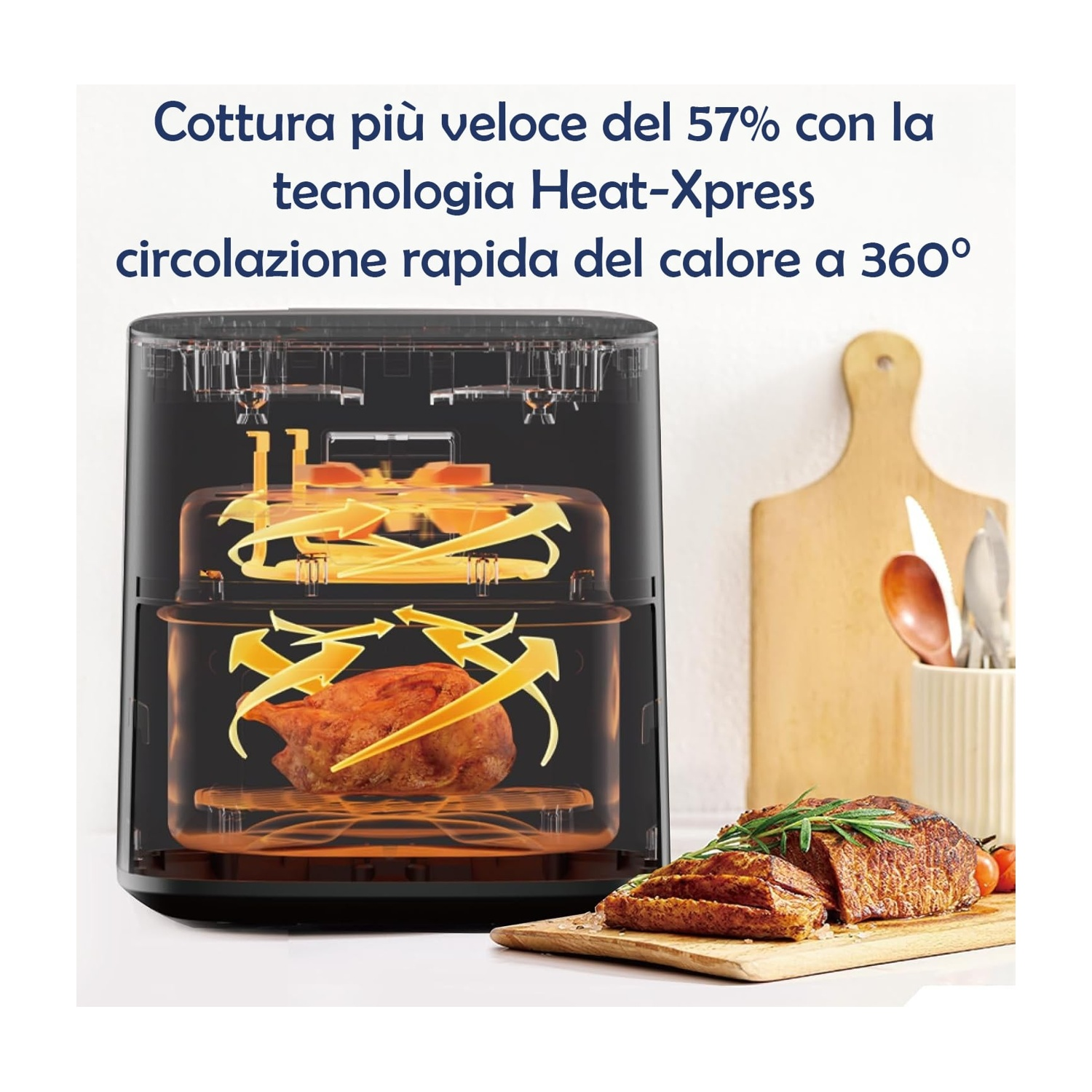 Friggitrice ad aria che cucina cibo con diagramma di circolazione del calore e cibo cotto su tagliere.