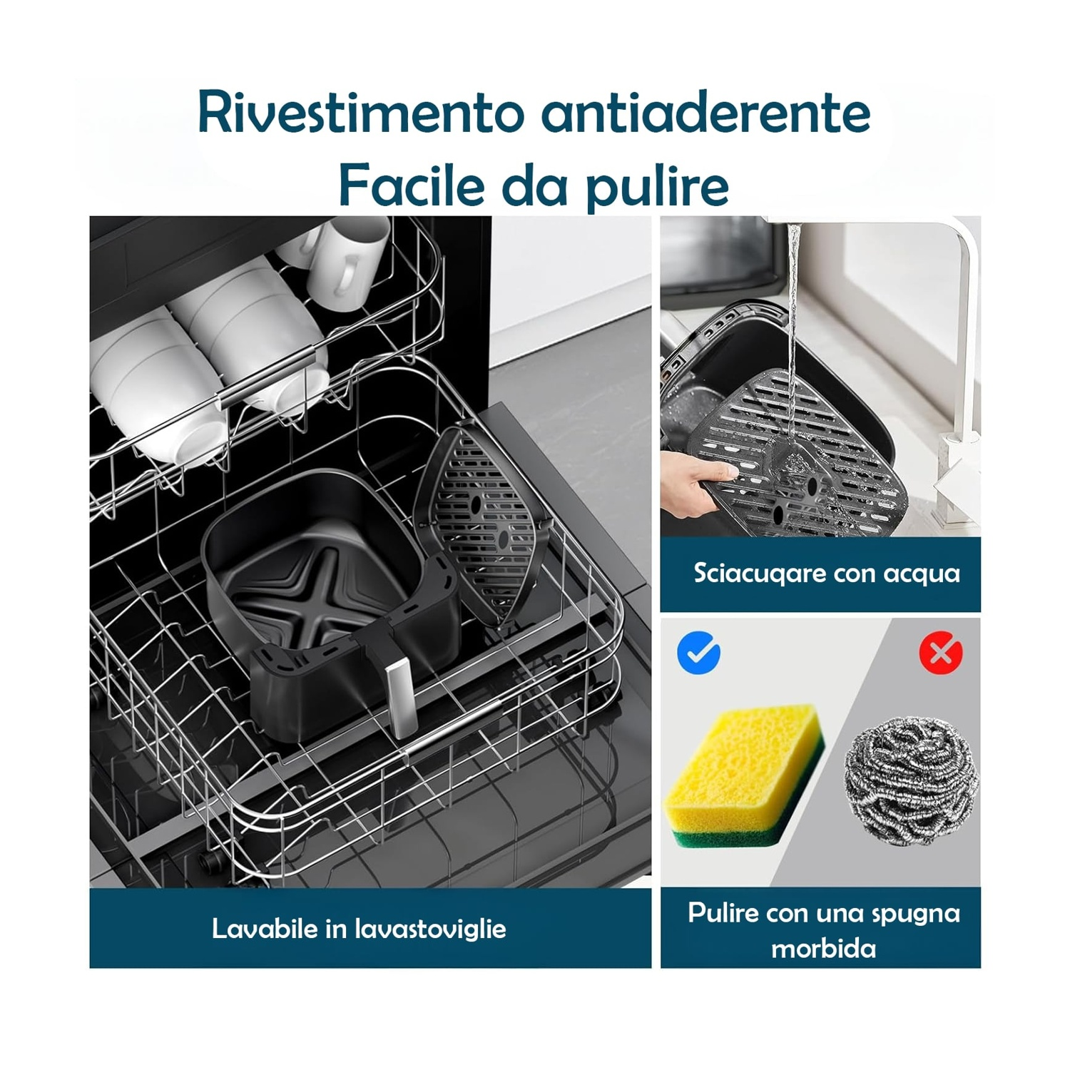 Parti della friggitrice ad aria. Cestello lavabile in lavastoviglie, icone di spugna e lana d'acciaio, con testo.