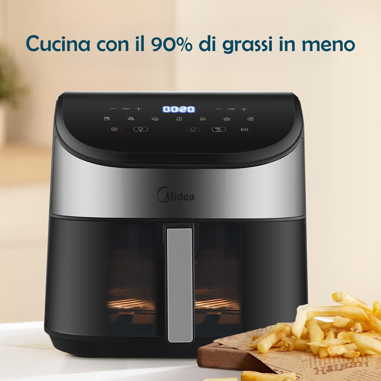 Una friggitrice ad aria che mostra la parte anteriore con un pannello touchscreen.