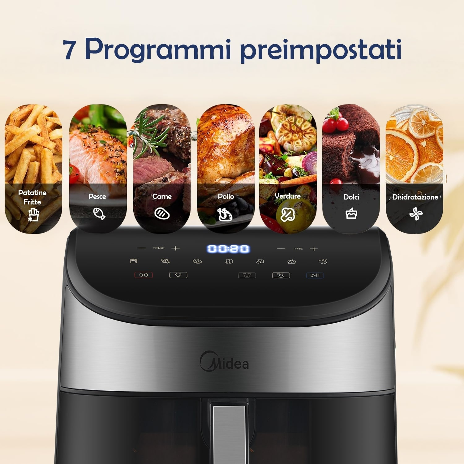 Friggitrice ad aria con pannello di controllo e 7 programmi preimpostati, con icone di cibo come patatine e torta.