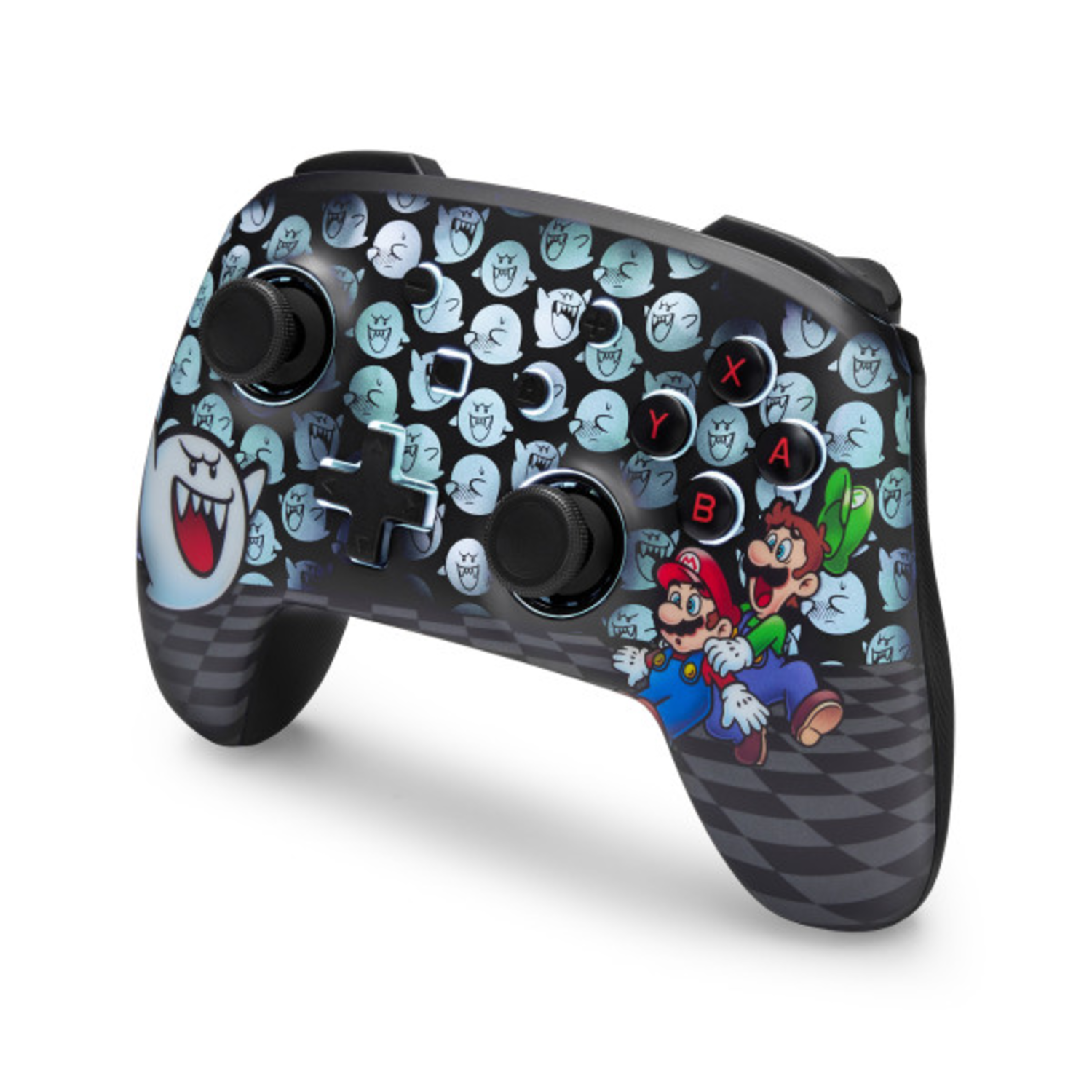 A black Nintendo Switch controller with Mario and Boo characters, buttons and joystick.