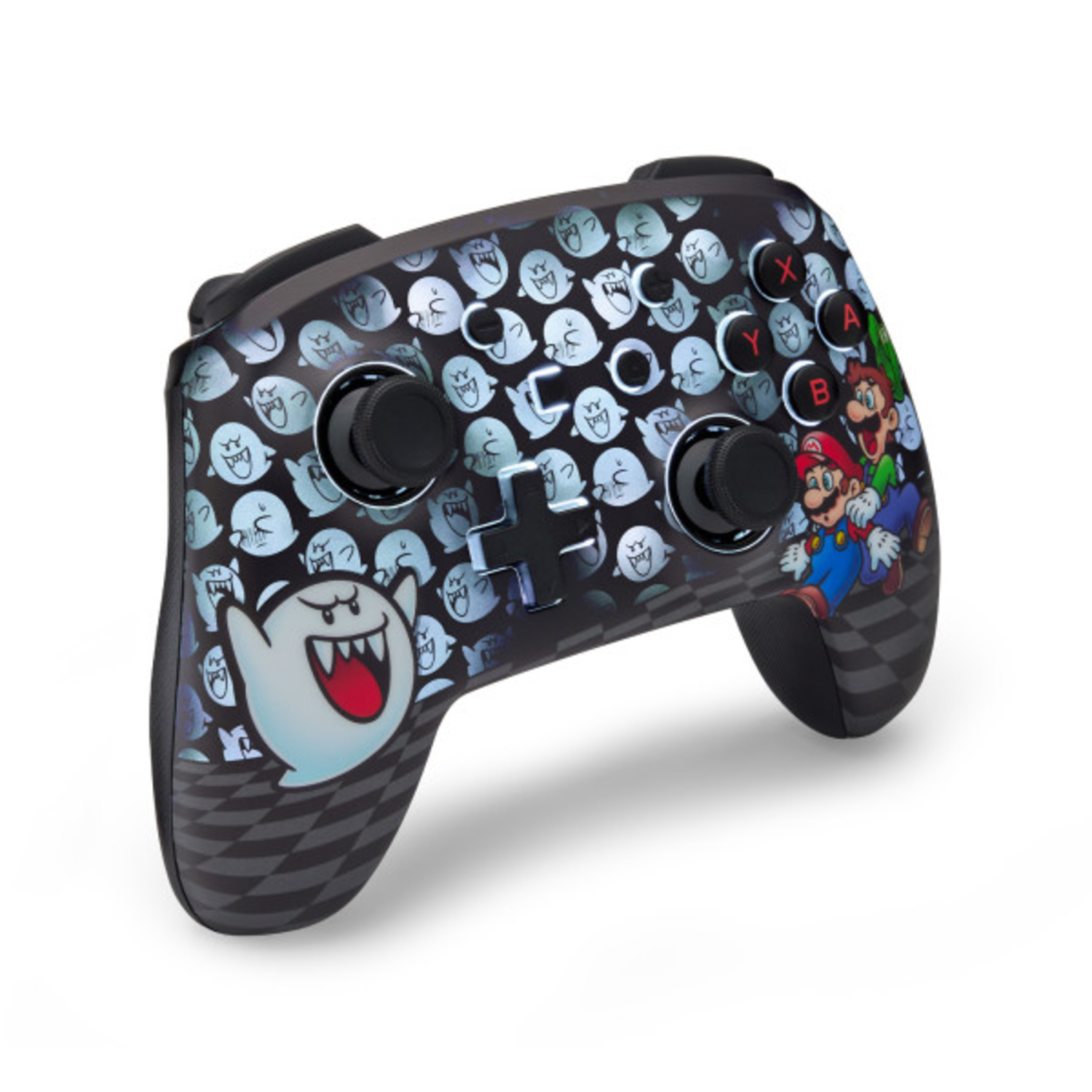 Black Nintendo Switch controller with Mario and Boo characters, buttons and joystick.
