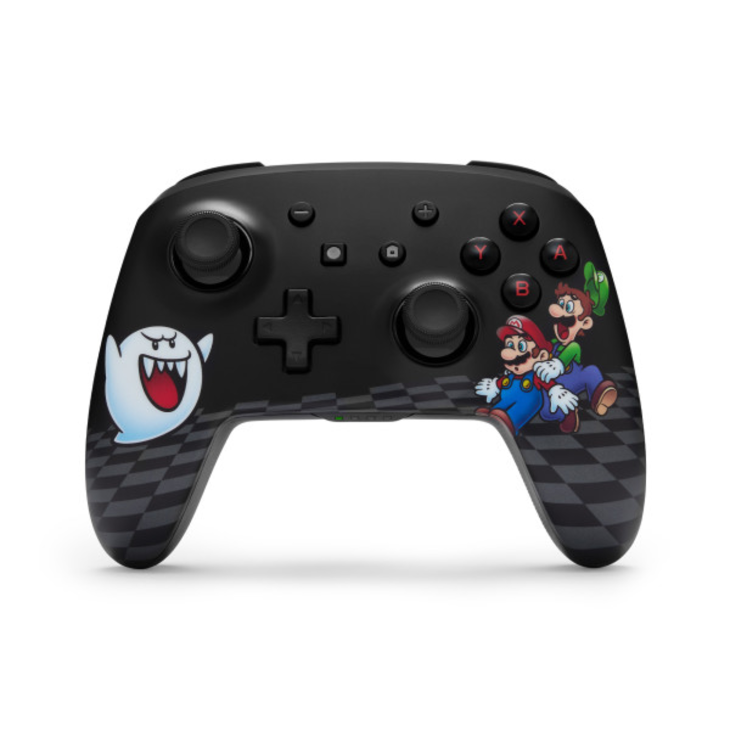 Black Nintendo Switch controller with Mario, Luigi, and Boo characters, buttons, and joystick.
