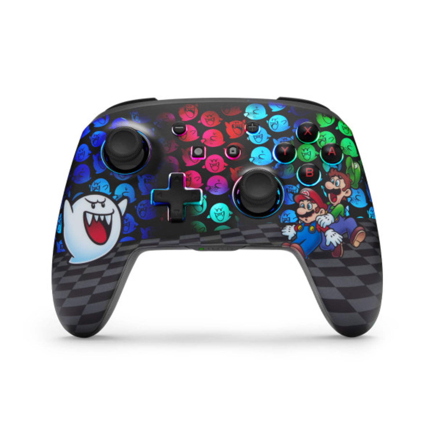Black Nintendo Switch controller with Mario and Boo characters, buttons, and joystick with rainbow lights.