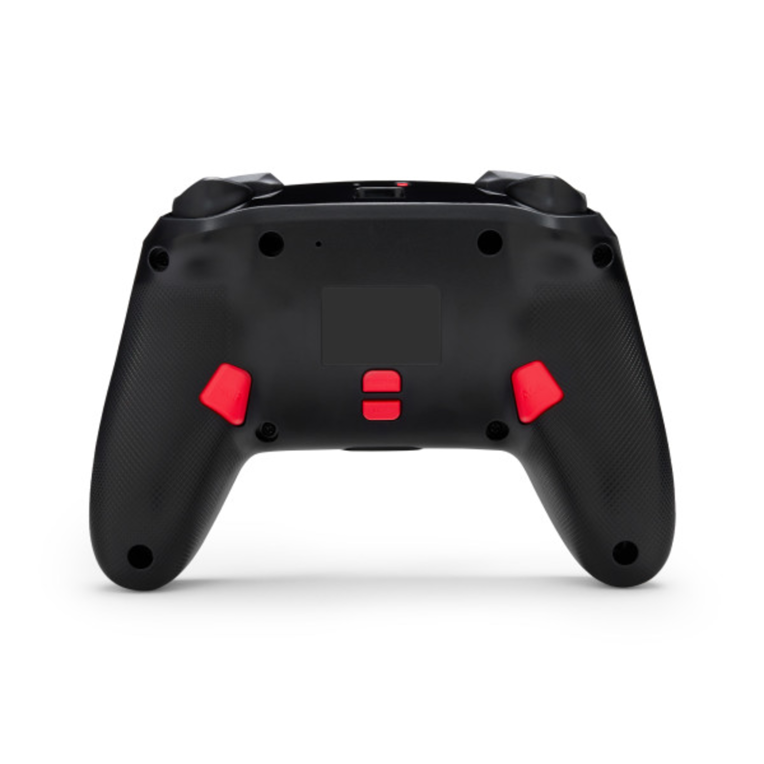 Black Nintendo Switch controller back with buttons. Red buttons on the sides.