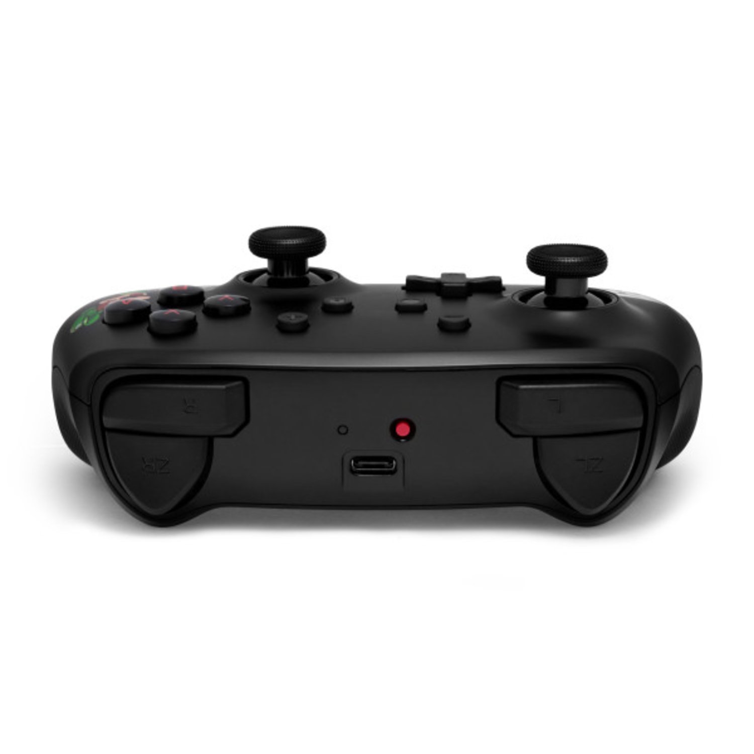 Black Nintendo Switch controller top view with buttons and charging port.