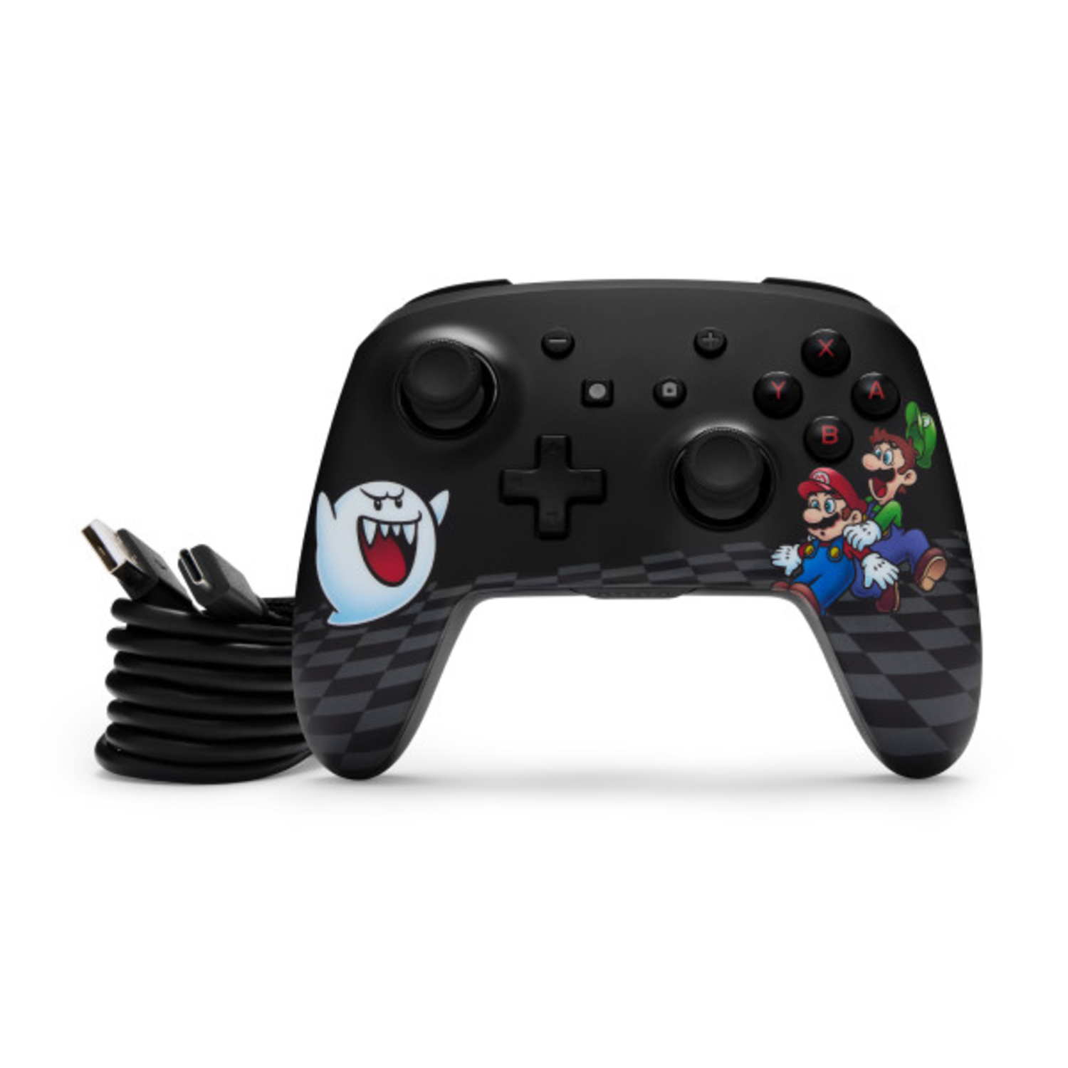 Black Nintendo Switch controller with Mario and Boo characters, cable next to it.