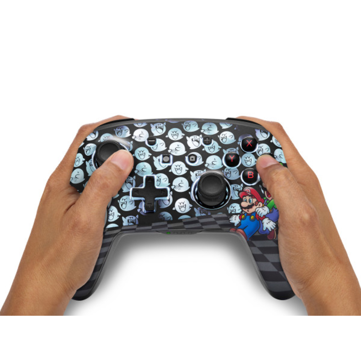 Hands holding a black Nintendo Switch controller with Mario and Boo characters.
