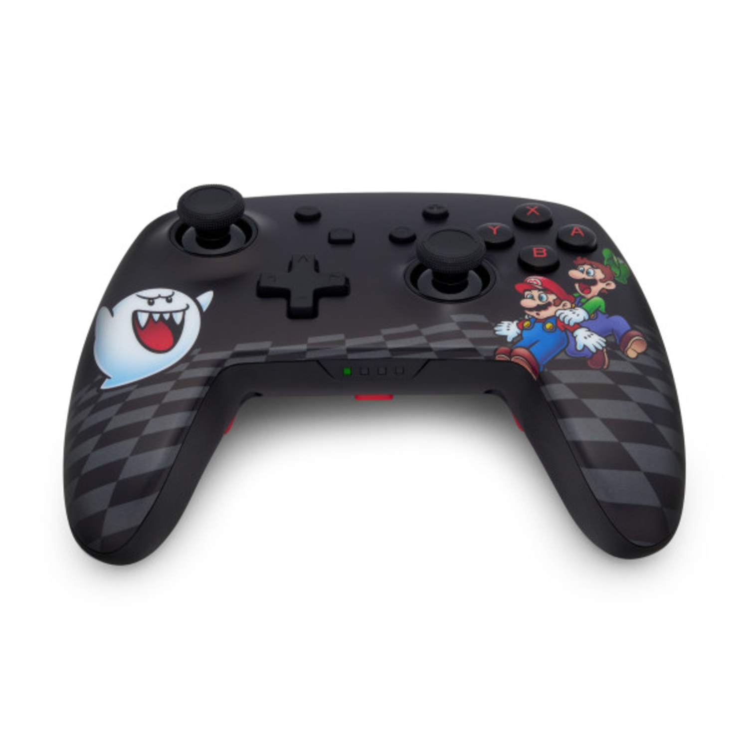 Black Nintendo Switch controller with Mario and Boo characters, buttons and joystick.