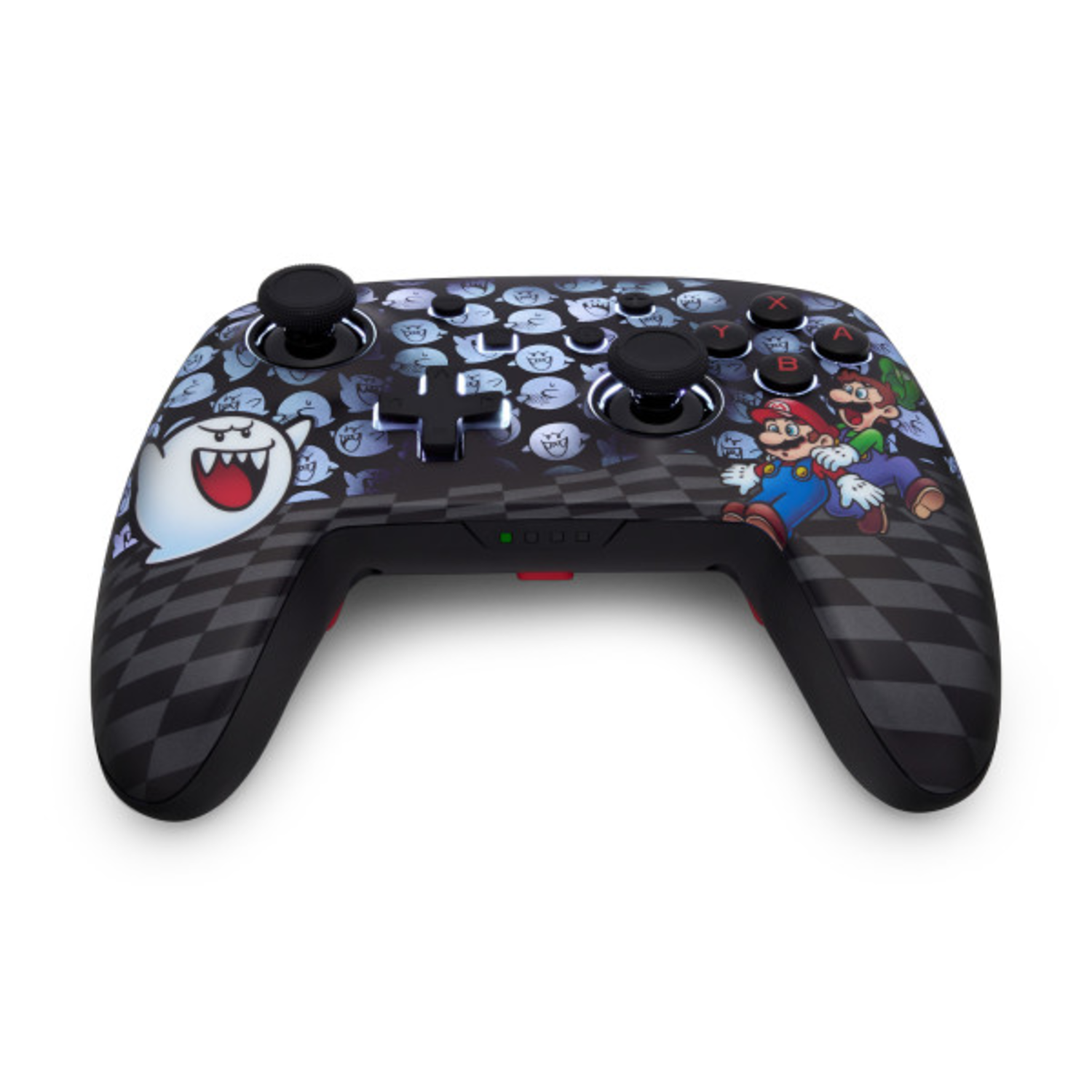 Black Nintendo Switch controller with Mario characters and Boo design.