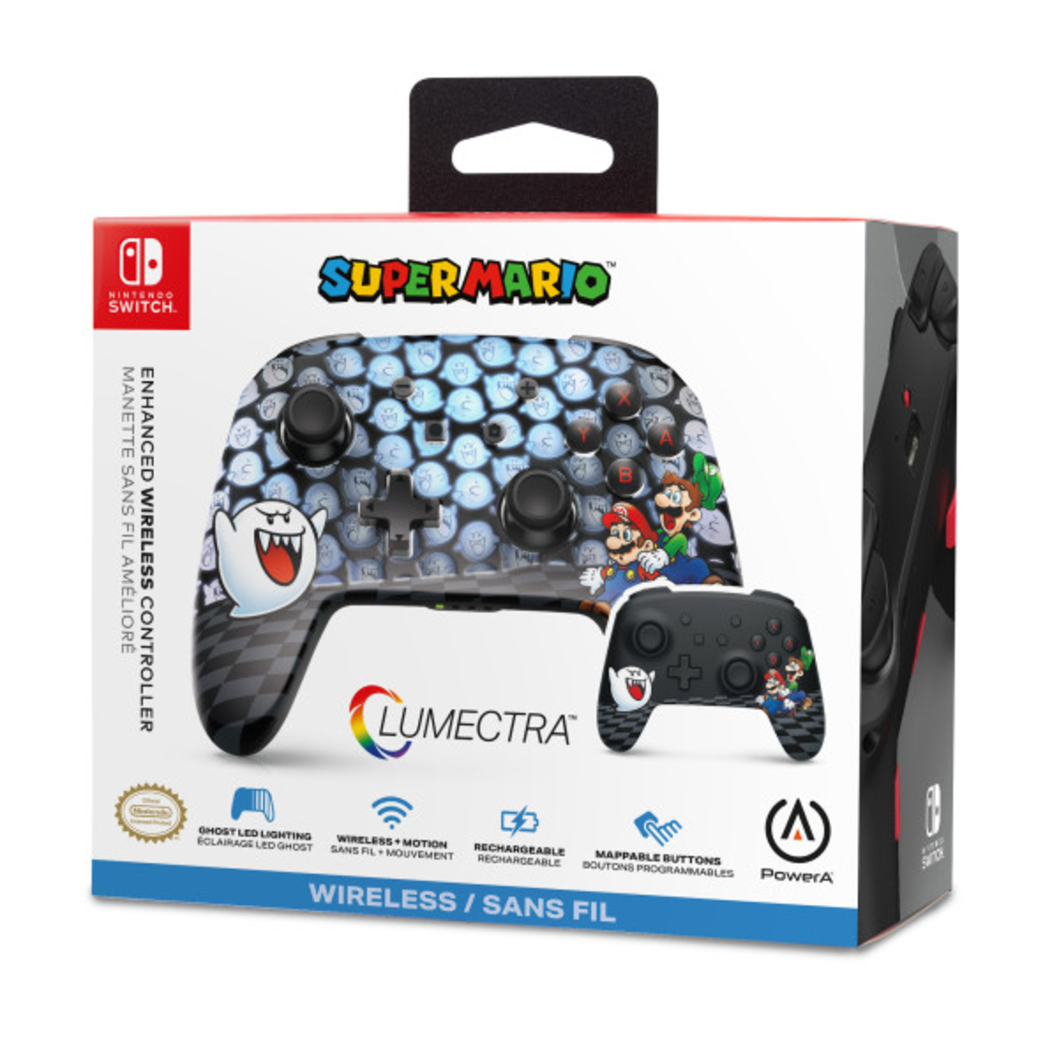 Boxed Nintendo Switch controller, Mario themed, with controller image and features.
