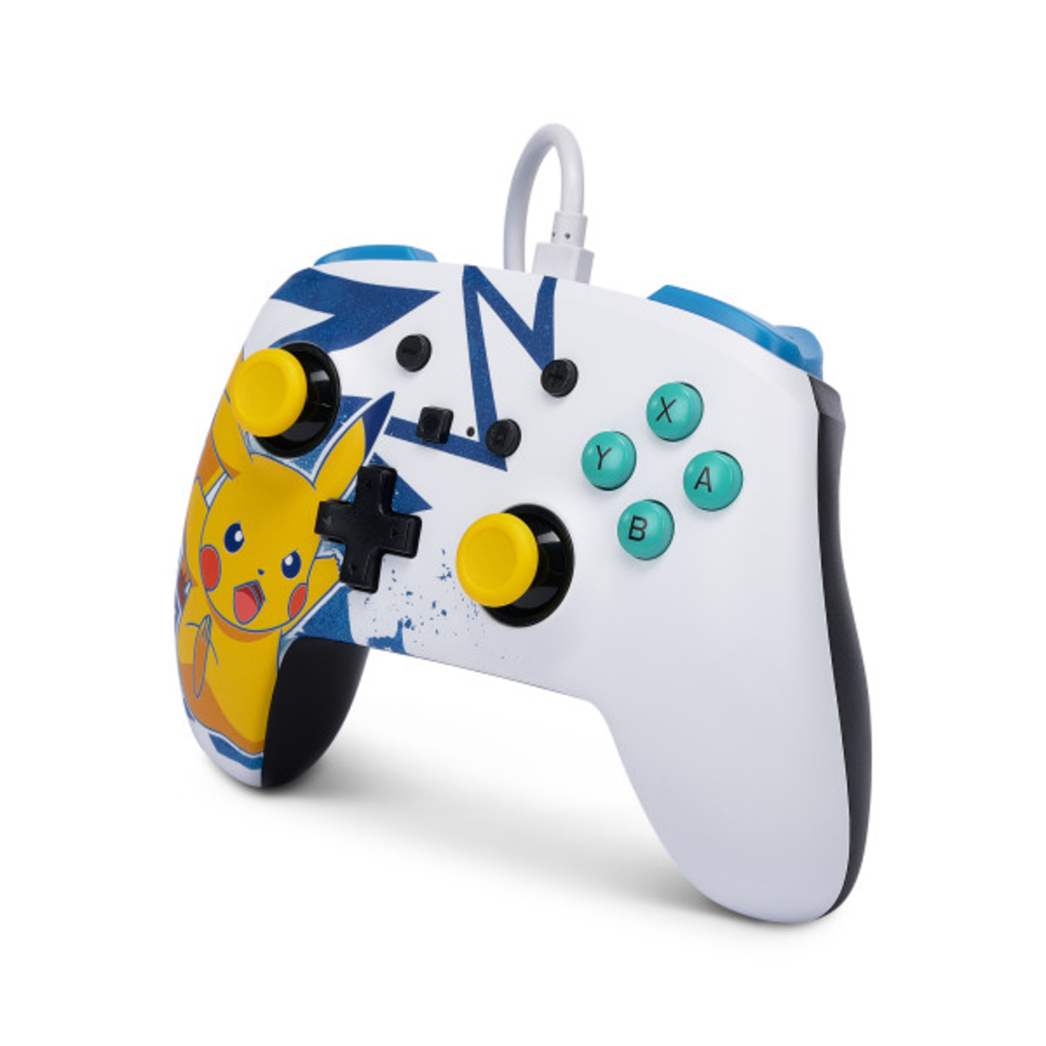 White and blue controller with Pikachu design, angled view, yellow joysticks, and buttons.