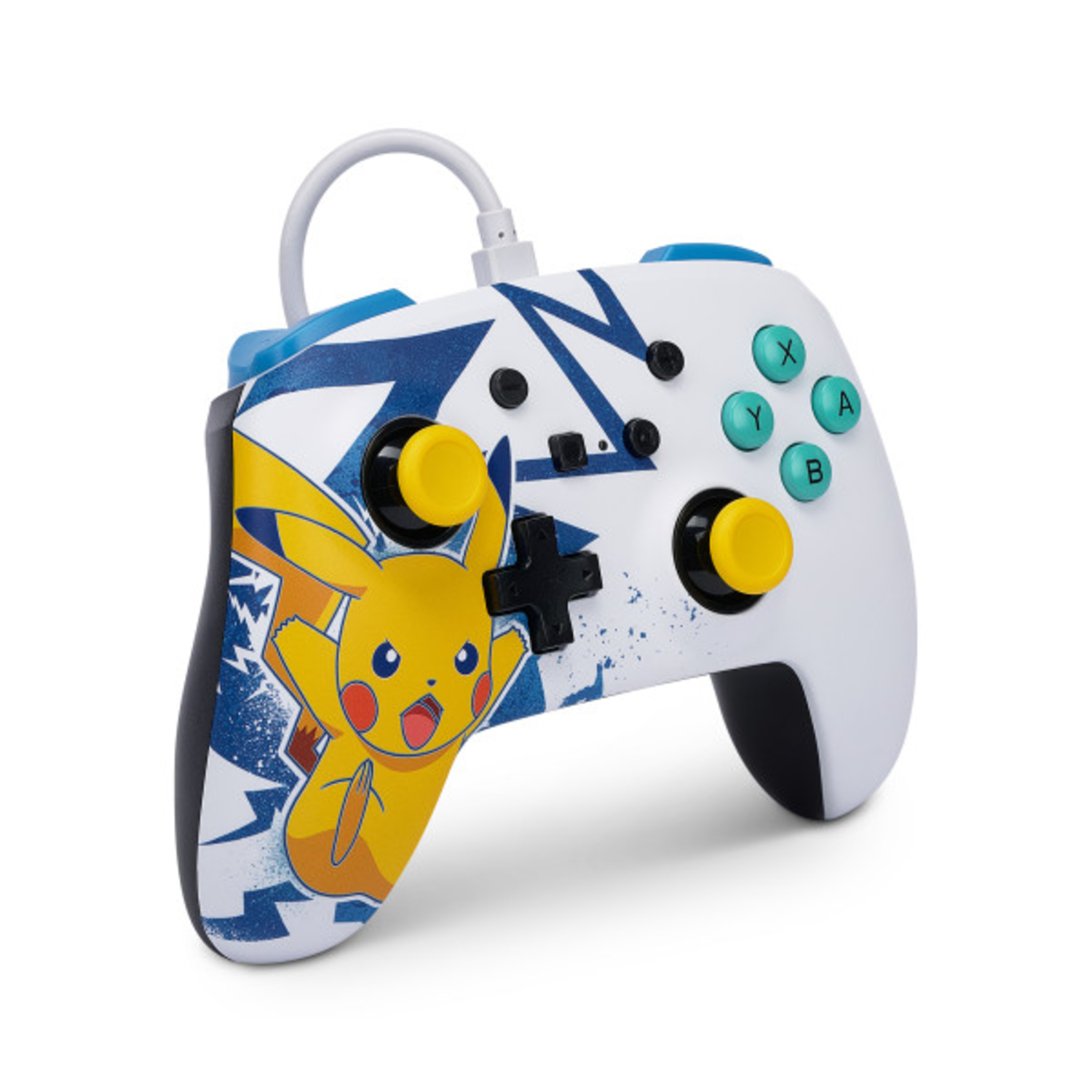 White and blue controller with Pikachu design, side view, yellow joysticks, and buttons.