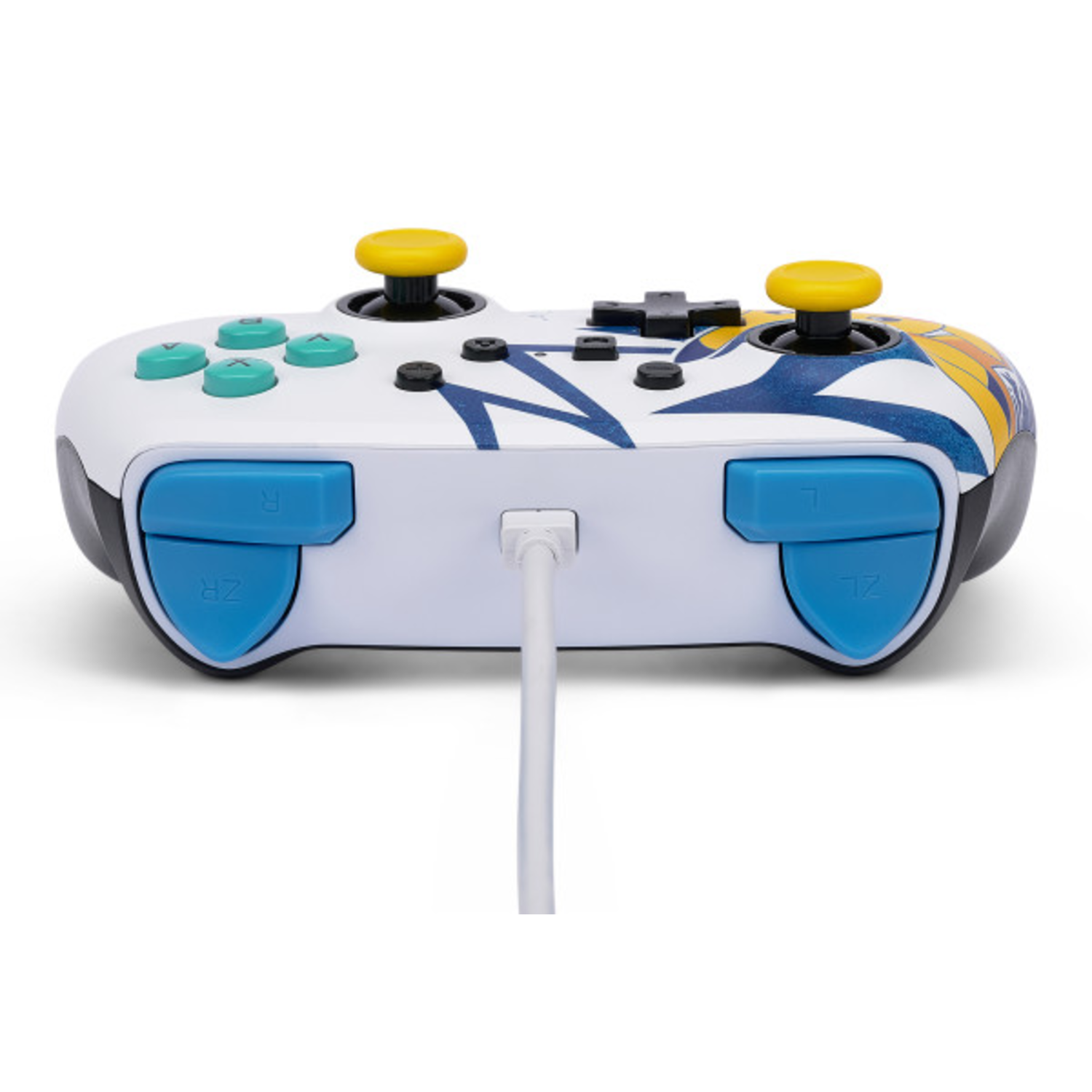 Controller underside view, white and blue, Pikachu design, with yellow joysticks and buttons.