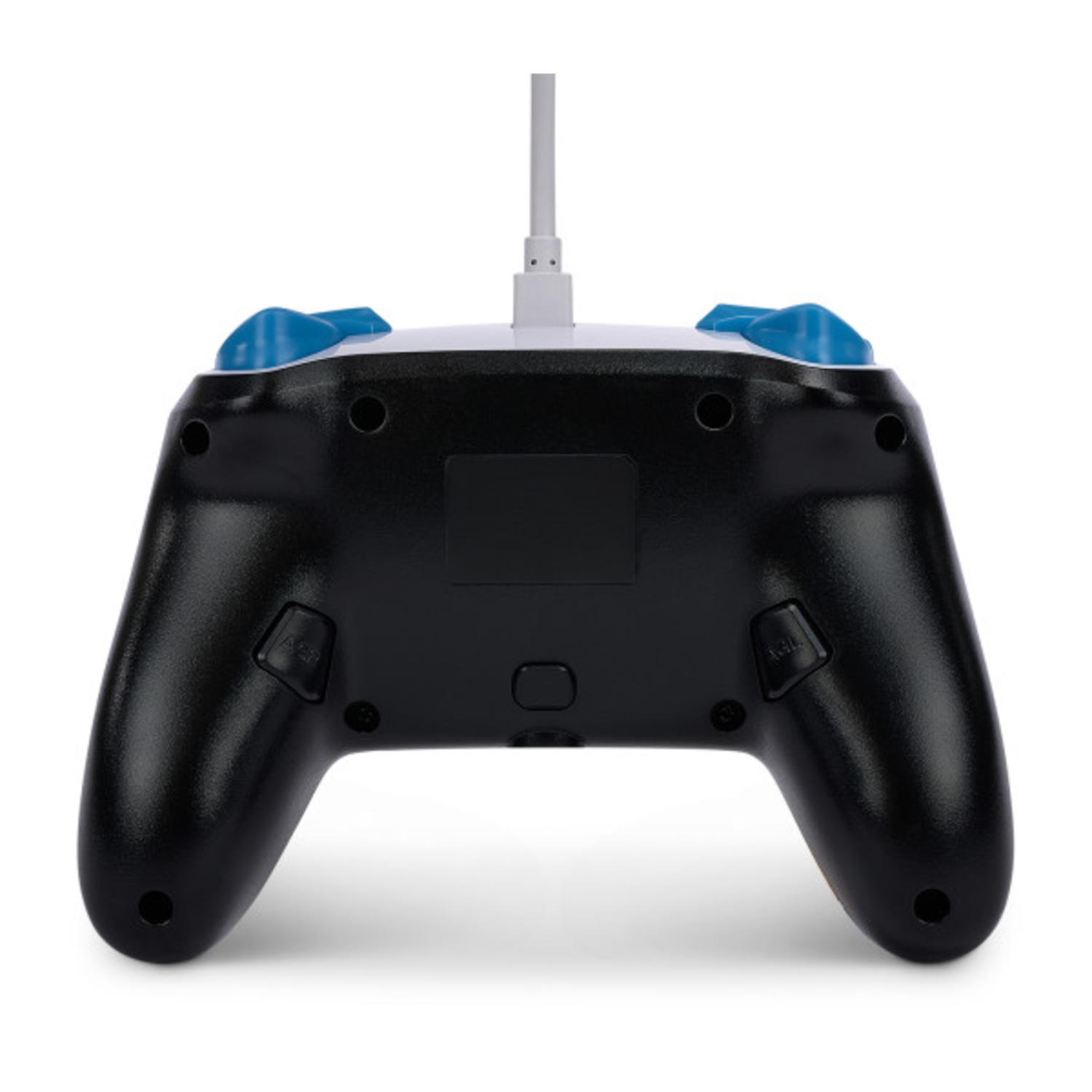 Black controller underside, white cable, blue accents, showing ports, and buttons.