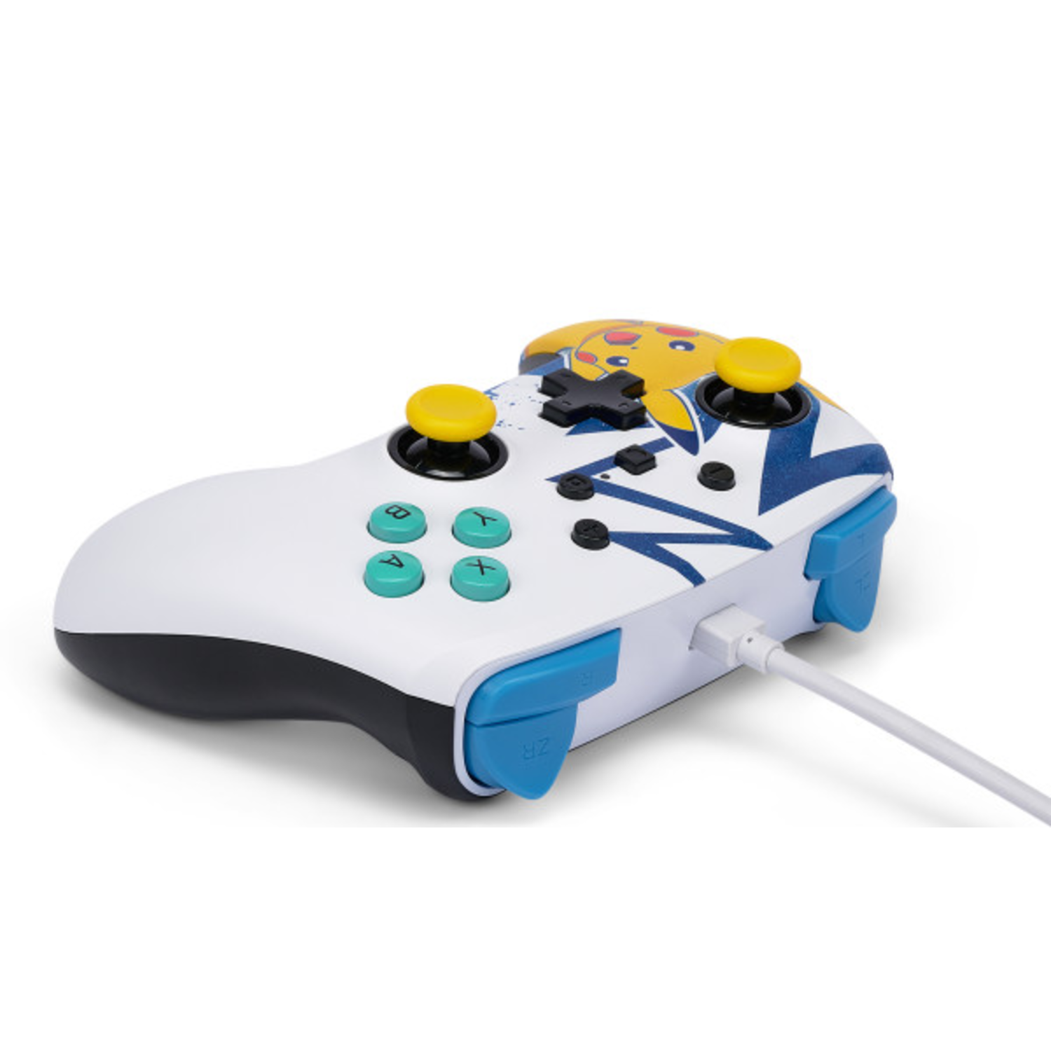 Pikachu-themed controller, white body with yellow accents, side view with cable.
