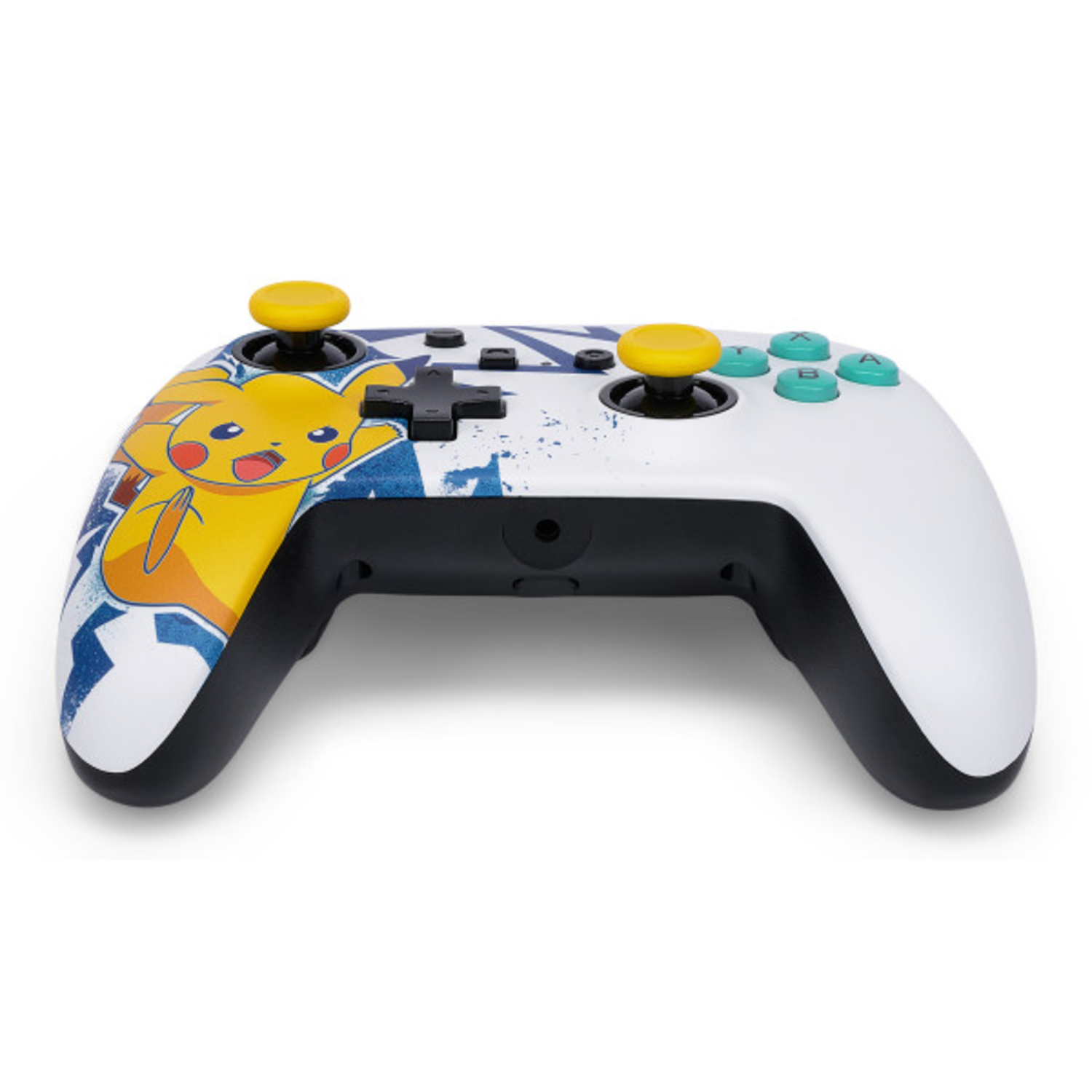 Pikachu-themed controller, white body with blue and yellow accents, angled view.