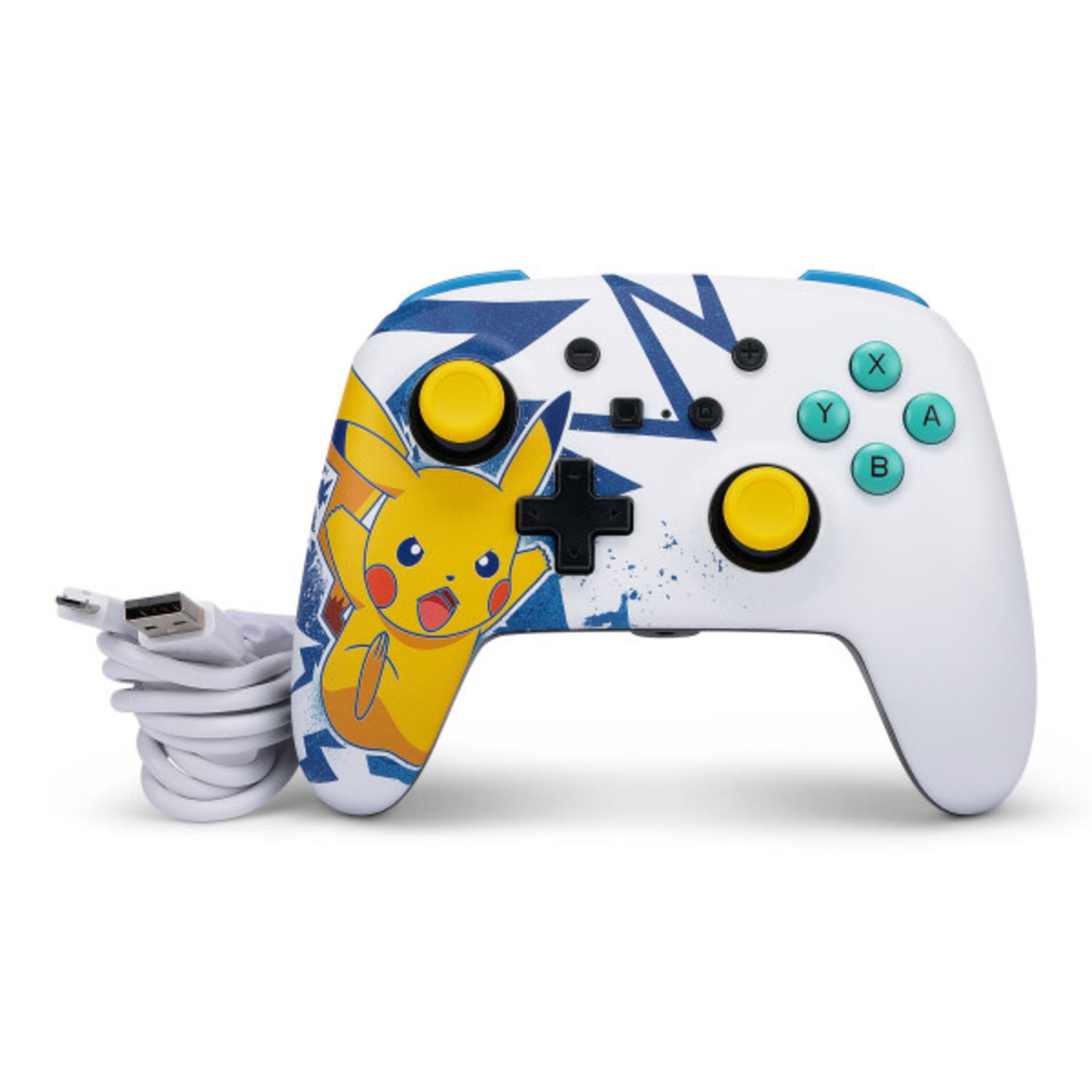 Pikachu controller with cable, white body with yellow and blue design, buttons visible.