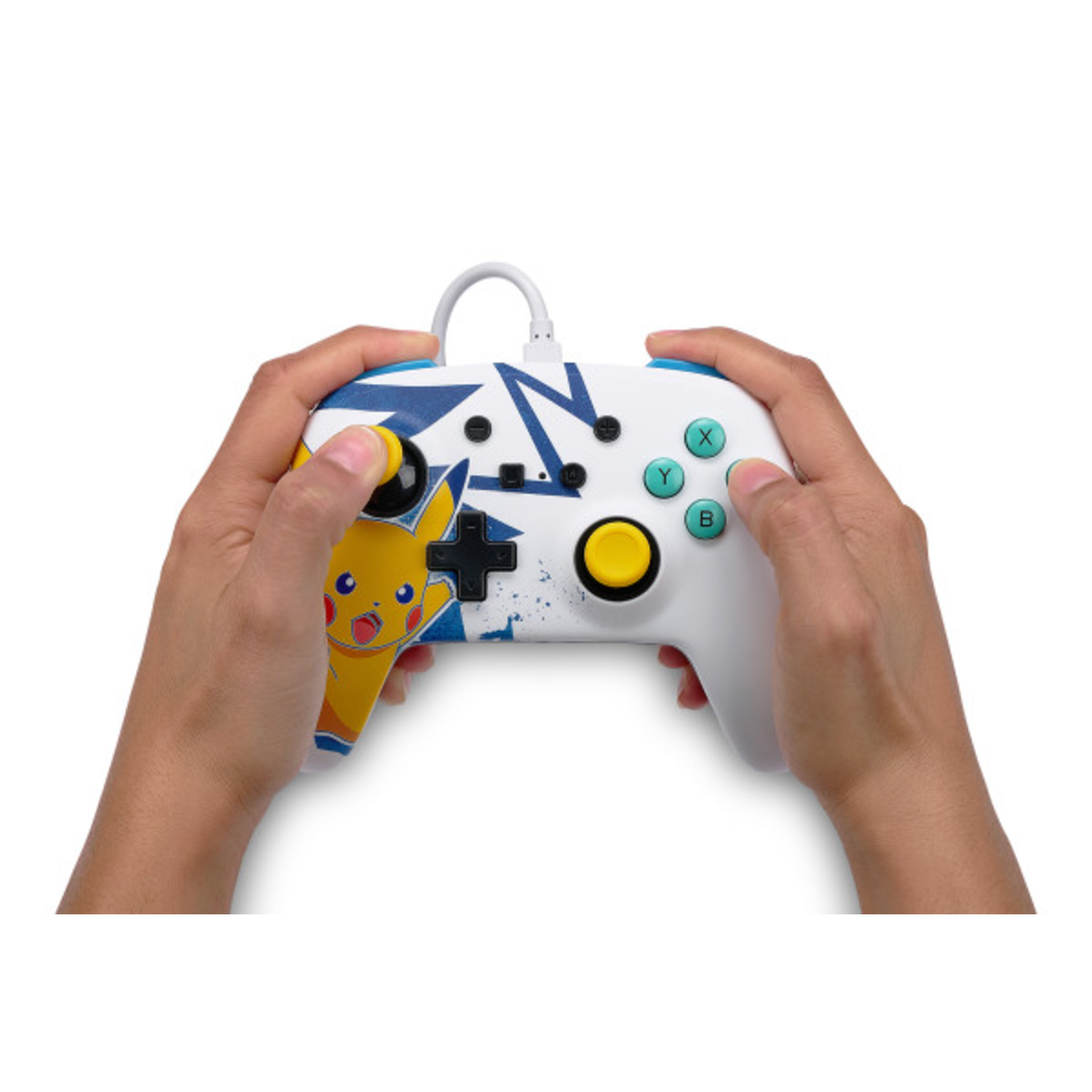 Hands holding Pikachu controller, white and blue design, yellow joysticks, and buttons.