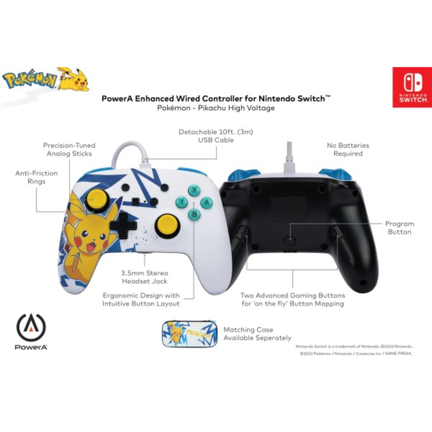 Diagram of a Pikachu controller, features, and specifications, with a white background.