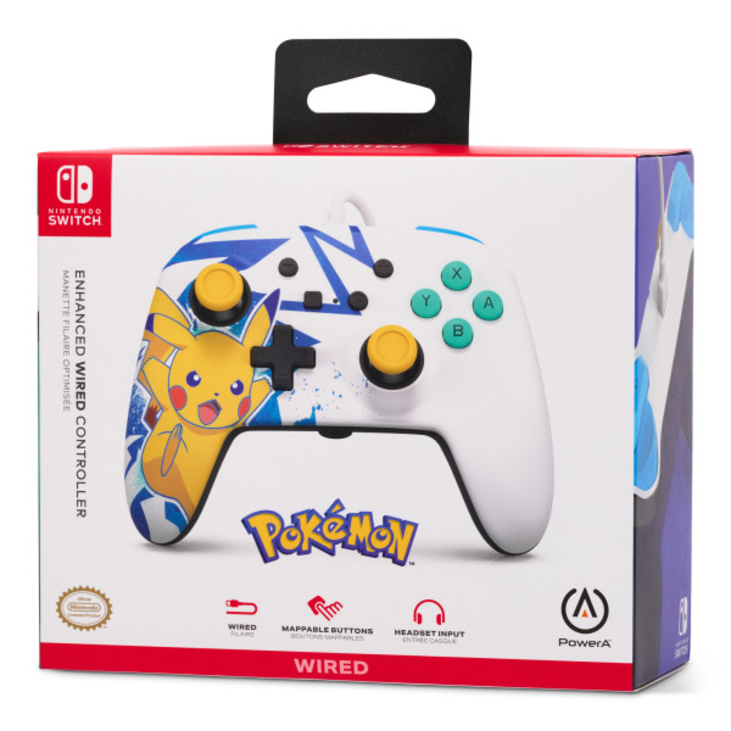 Boxed Pikachu controller for Nintendo Switch, white and blue design, features visible.