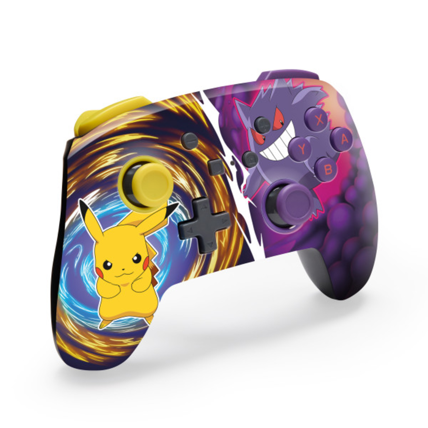 Pokemon Switch-controller. Pikachu- en Gengar-ontwerp. Gele en paarse kleuren.