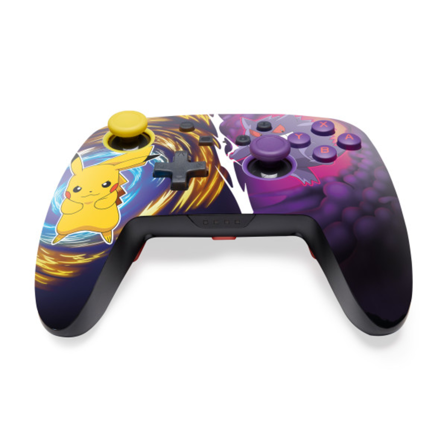 Pokemon Switch-controller, Pikachu- en Gengar-ontwerp, zwarte knoppen, witte achtergrond.