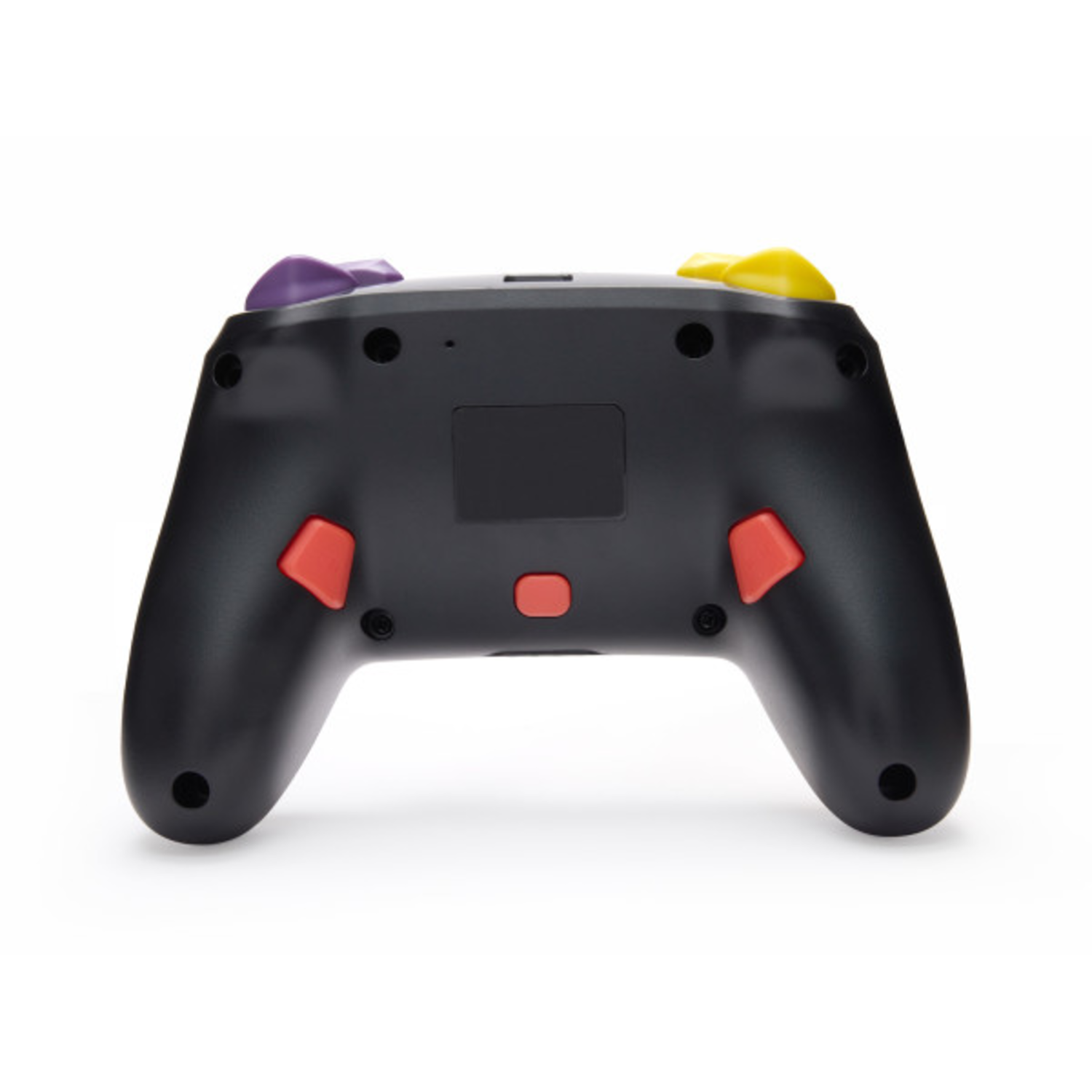 Zwarte Nintendo Switch-controller achteraanzicht, rode knoppen, witte achtergrond.