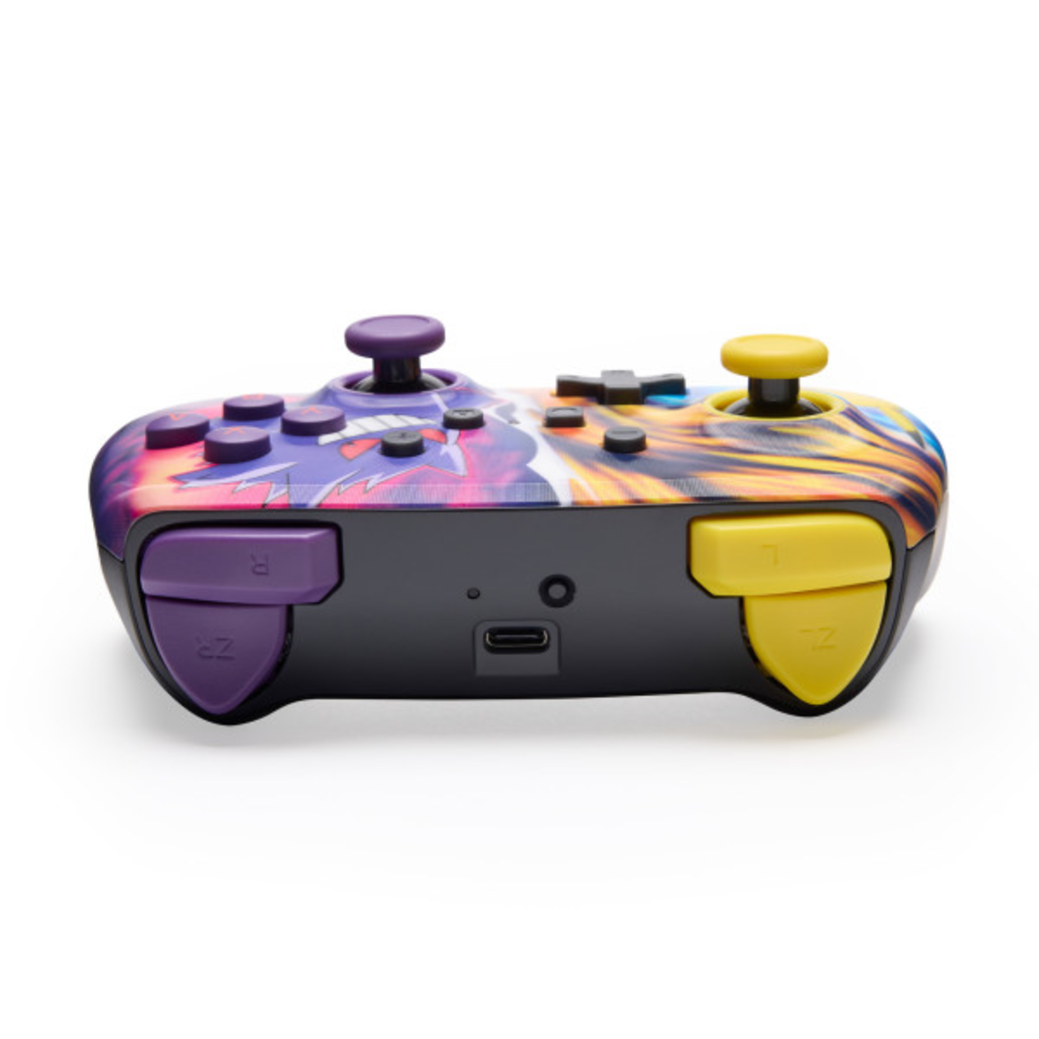 Nintendo Switch-controller, zijaanzicht. Paarse en gele knoppen, zwarte behuizing, witte achtergrond.