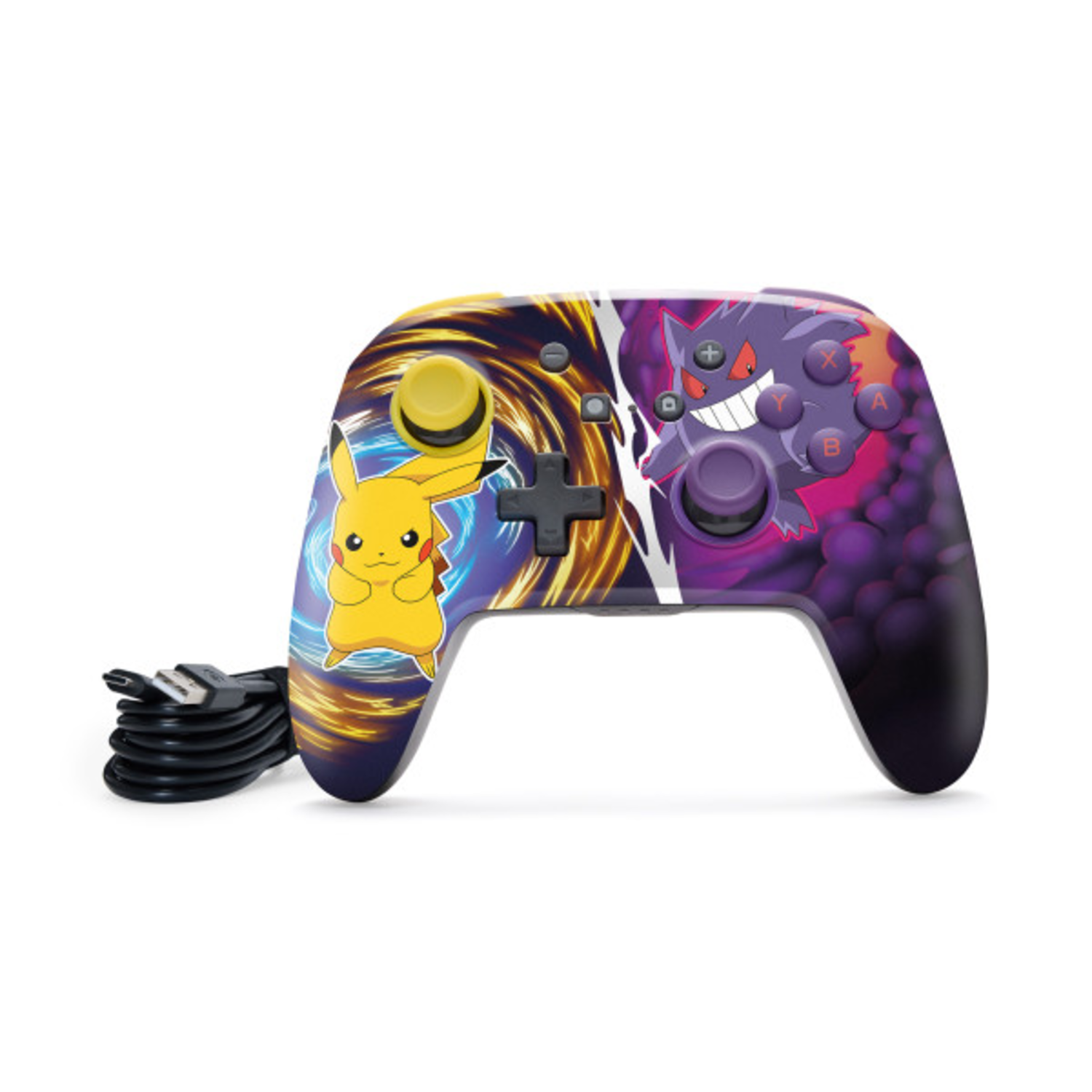 Pokemon Switch-controller met kabel. Pikachu- en Gengar-ontwerp, witte achtergrond.