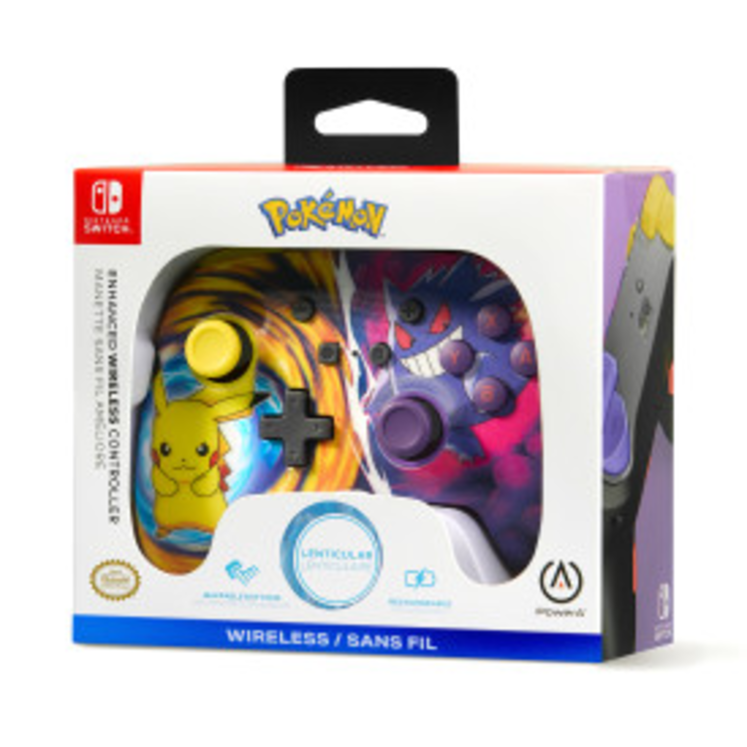 Verpakte Pokemon Switch-controller. Pikachu- en Gengar-ontwerp, witte achtergrond.