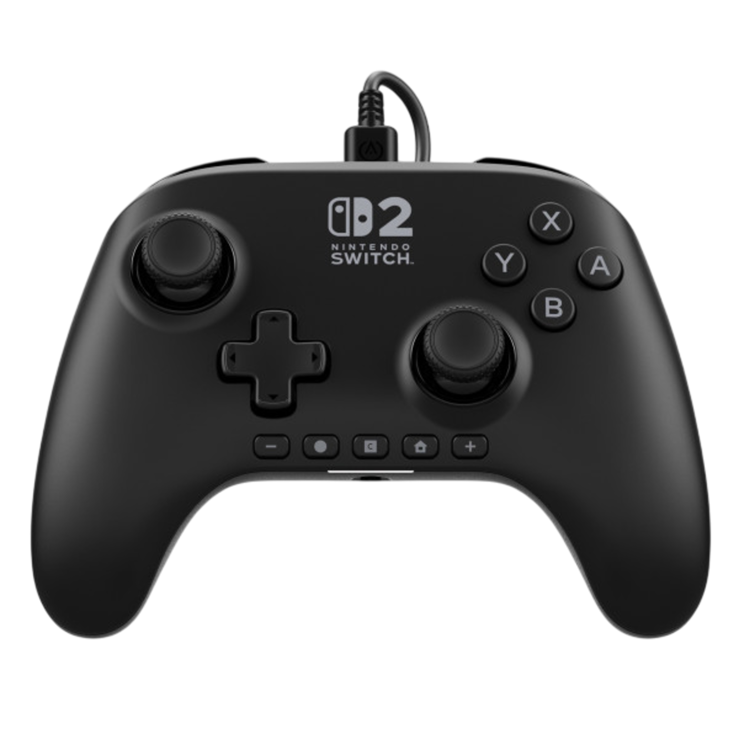 Manette Nintendo Switch noire. Logo Nintendo Switch, boutons noirs, fond blanc.
