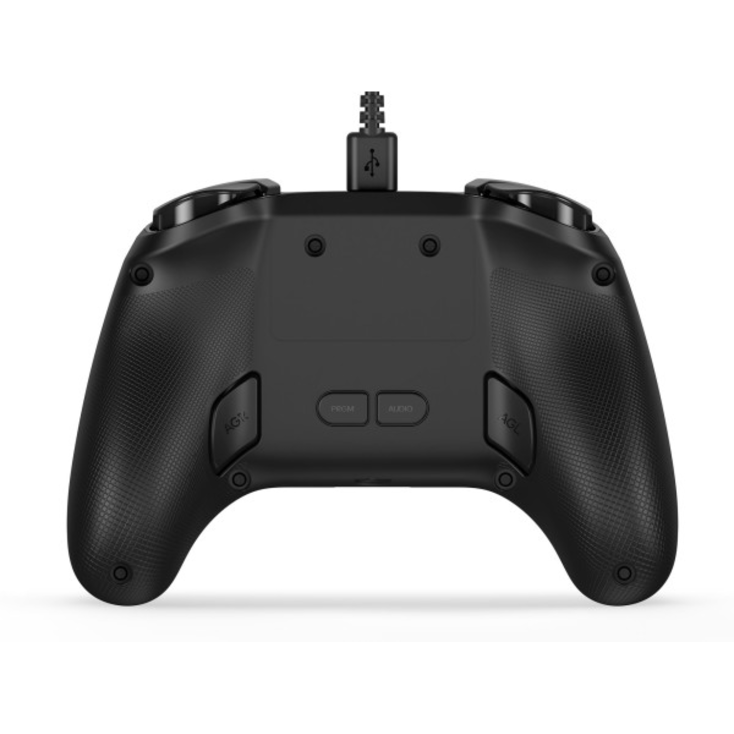 Manette Nintendo Switch noire, vue arrière. Boutons Prom et audio, fond blanc.