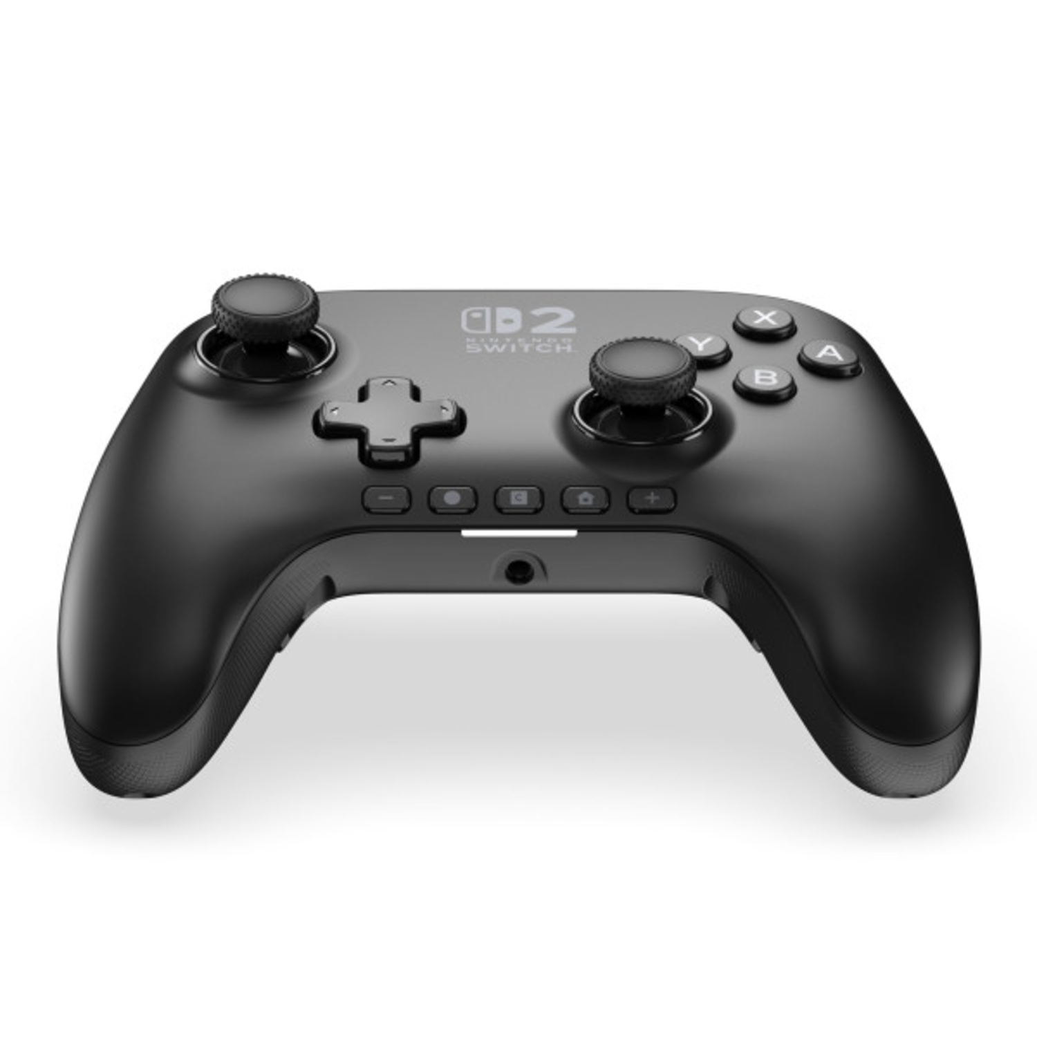 Manette Nintendo Switch noire, vue de dessus. Logo Nintendo Switch, fond blanc.