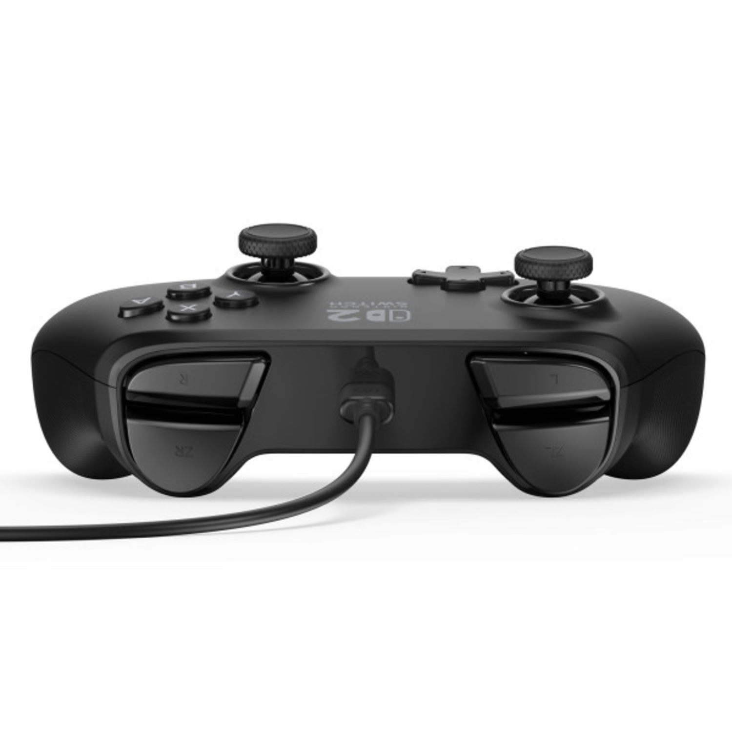 Manette Nintendo Switch noire. Vue latérale, câble attaché, fond blanc.