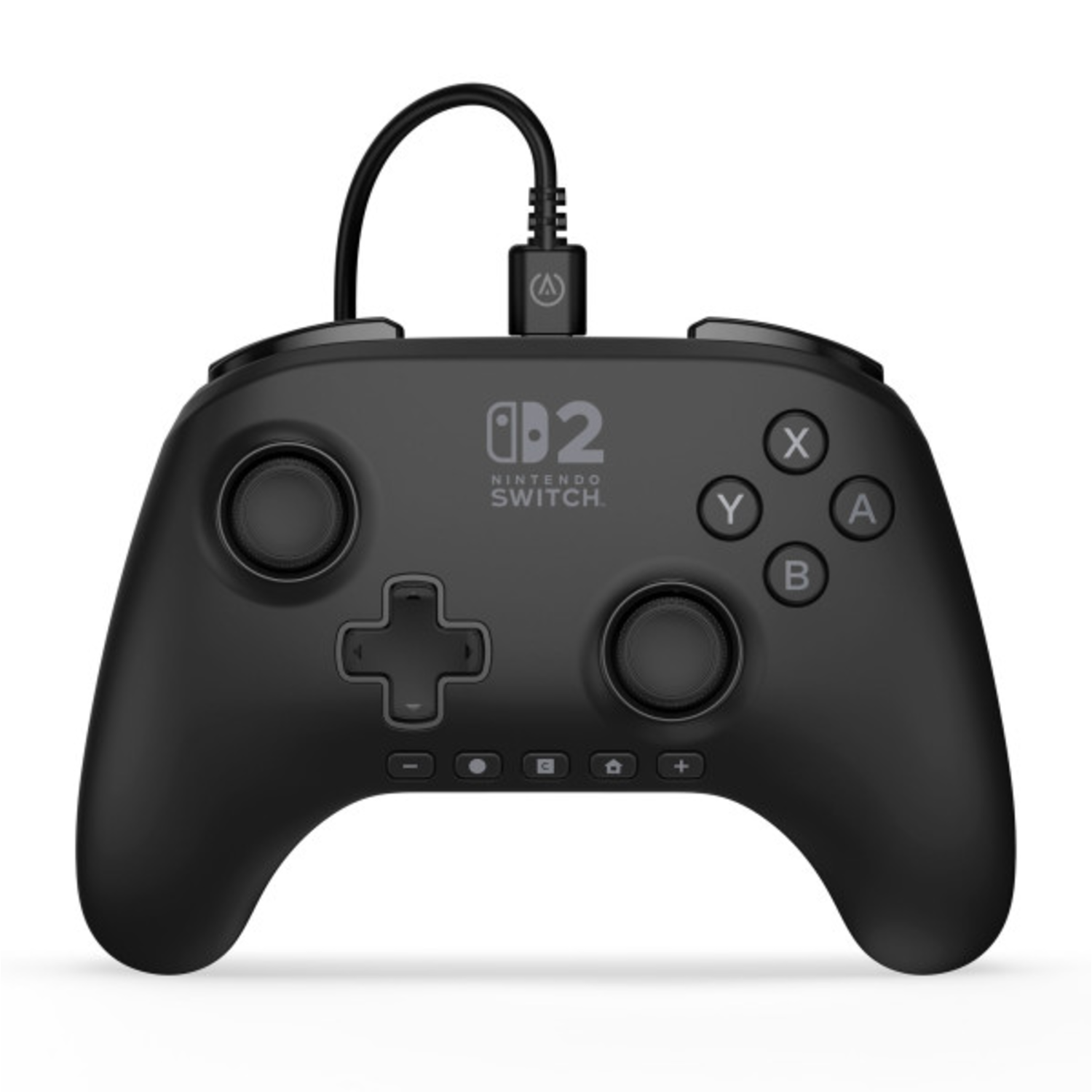 Manette Nintendo Switch noire, vue de dessus, câble attaché, fond blanc.