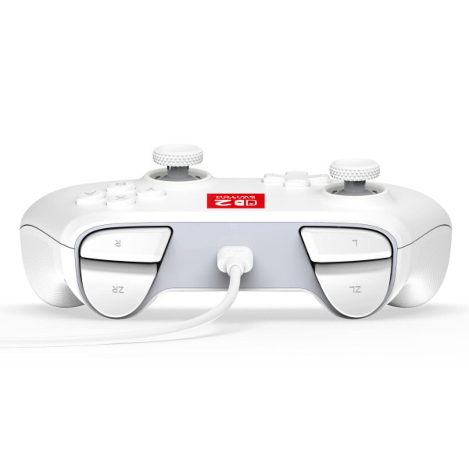 Une manette Nintendo Switch blanche, vue de dessus, boutons et ports.