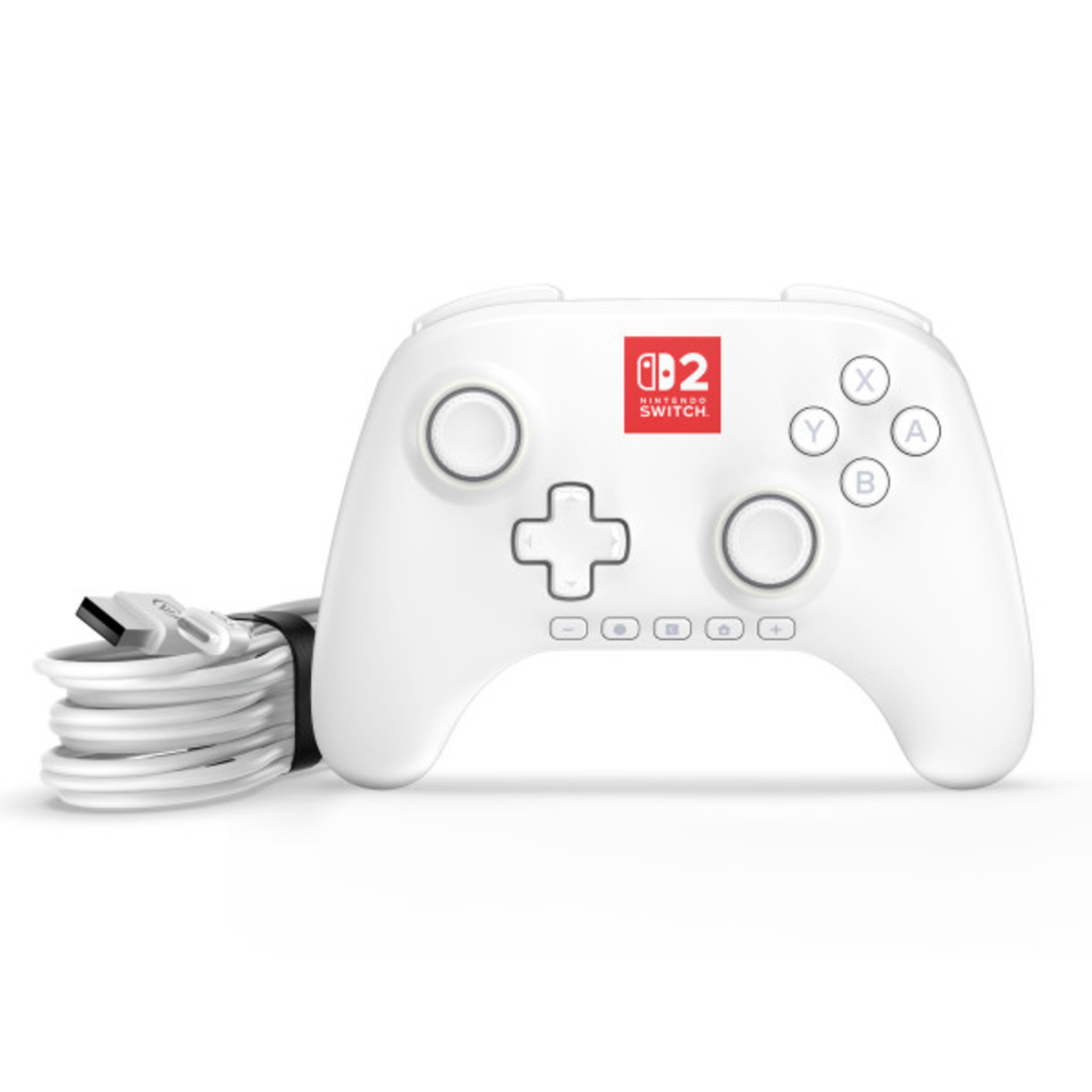 Une manette Nintendo Switch blanche avec un câble blanc.