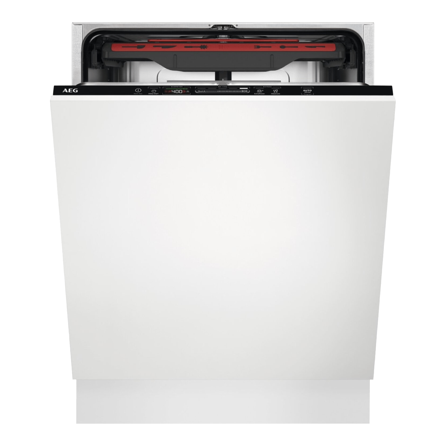 Een witte vaatwasser met een open deur.