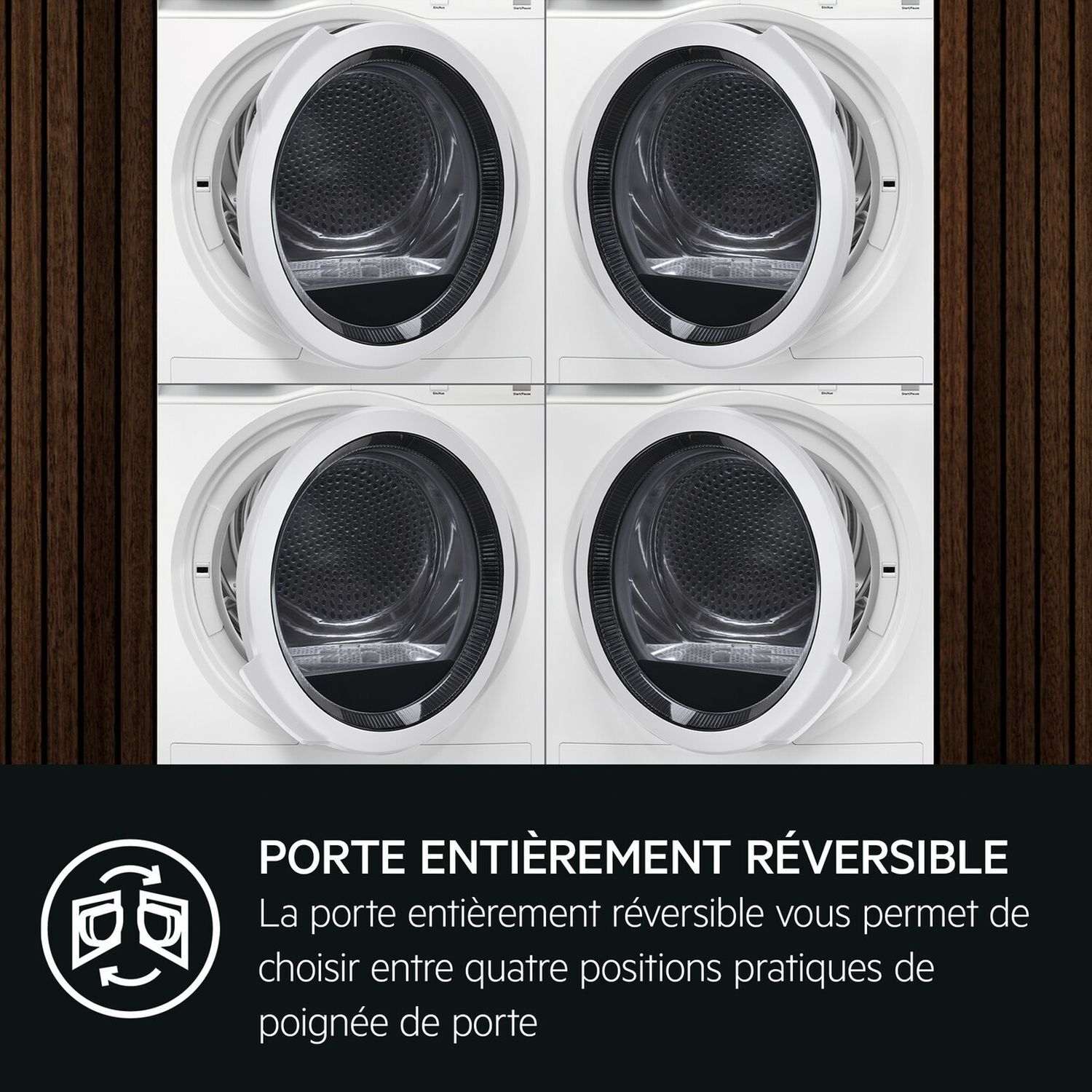 Quatre sèche-linges blancs côte à côte. Portes ouvertes. Fond en bois foncé.