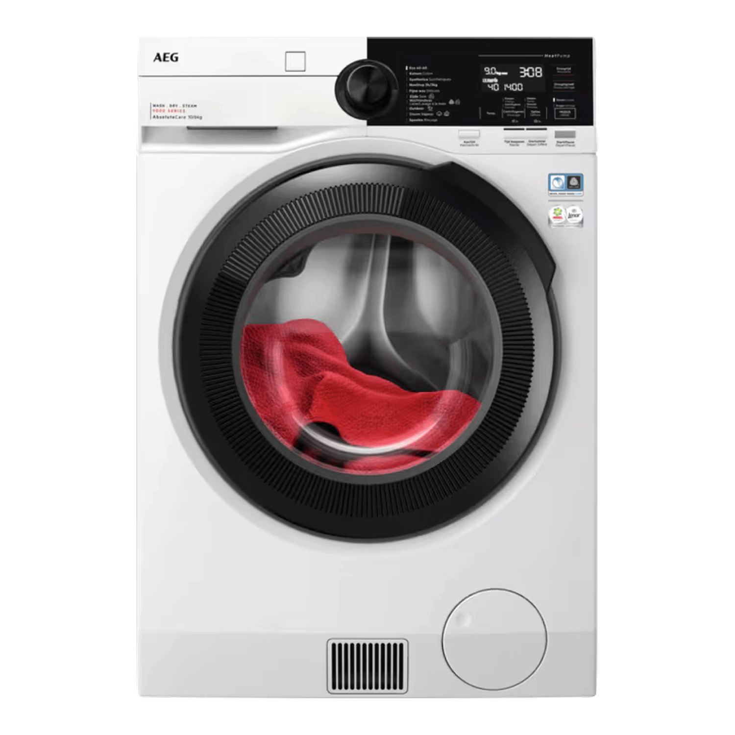 Une machine à laver blanche avec un article rouge visible à l'intérieur du tambour. Panneau noir.