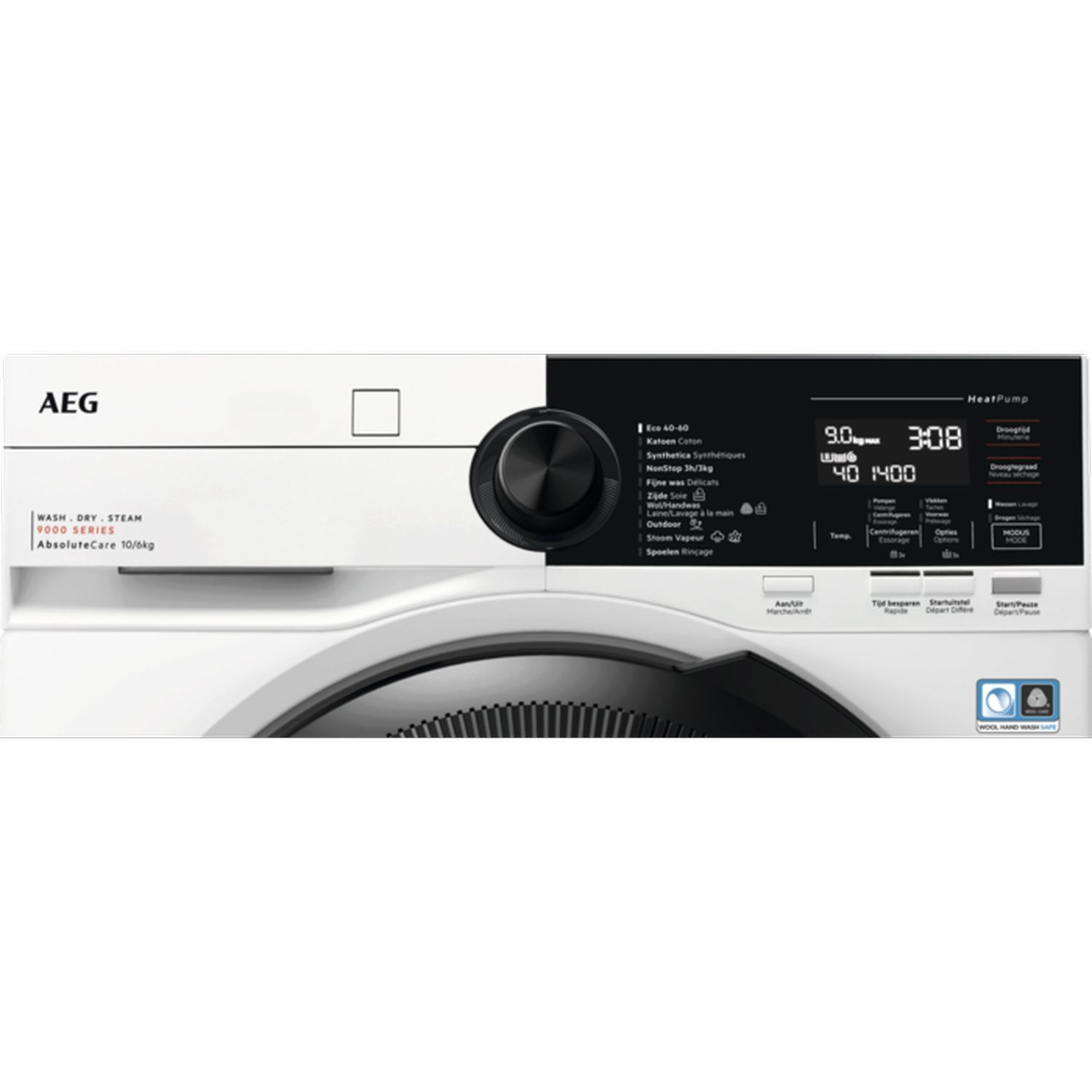 Lave-linge blanc avec panneau de commande noir. Marque AEG. Affiche les options et réglages.